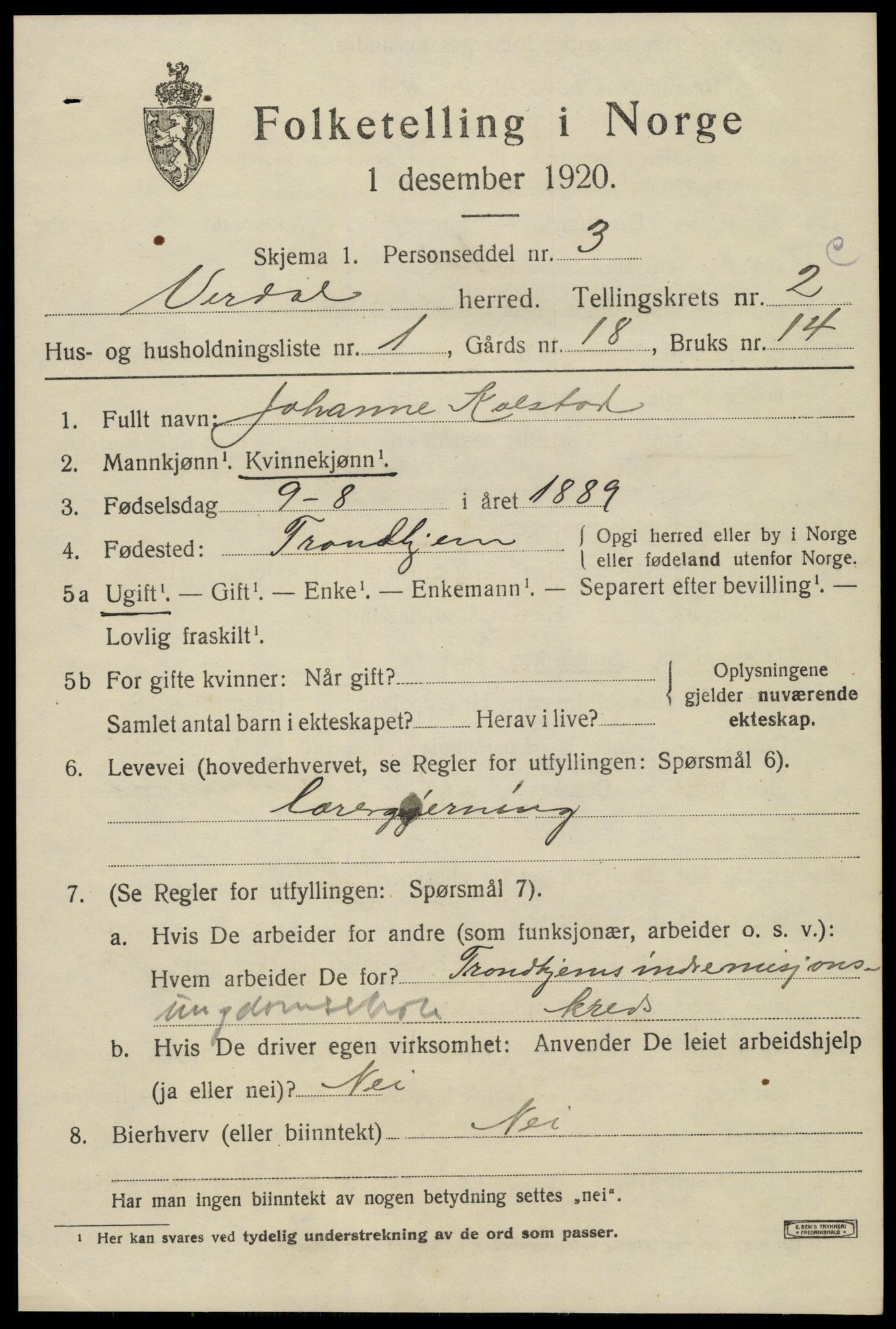 SAT, 1920 census for Verdal, 1920, p. 5331