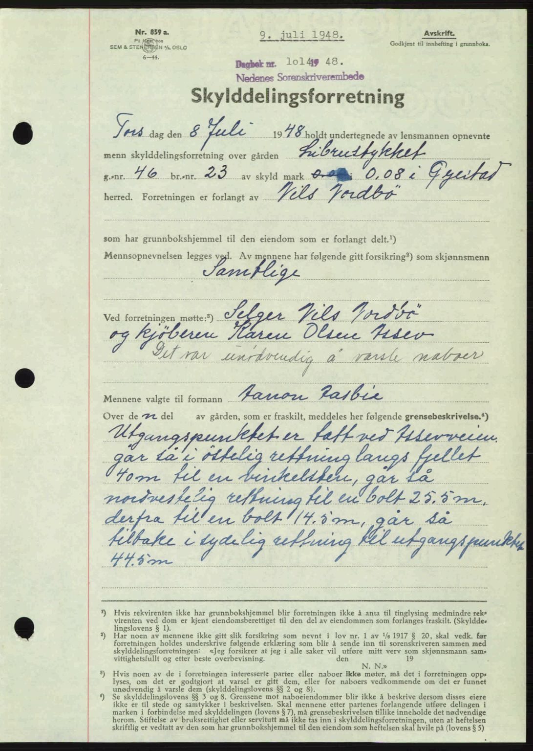 Nedenes sorenskriveri, SAK/1221-0006/G/Gb/Gba/L0059: Mortgage book no. A11, 1948-1948, Diary no: : 1014/1948
