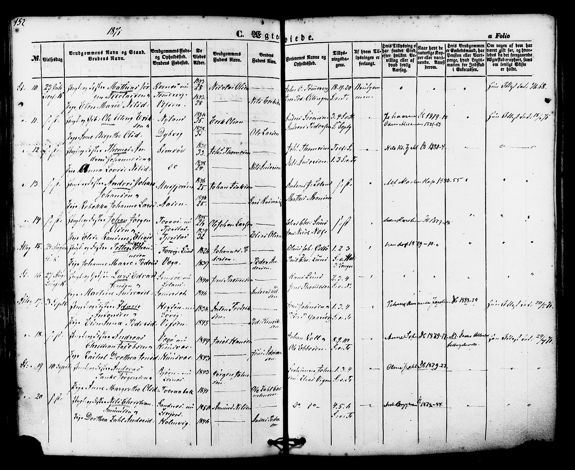 Ministerialprotokoller, klokkerbøker og fødselsregistre - Nordland, AV/SAT-A-1459/830/L0448: Parish register (official) no. 830A12, 1855-1878, p. 152