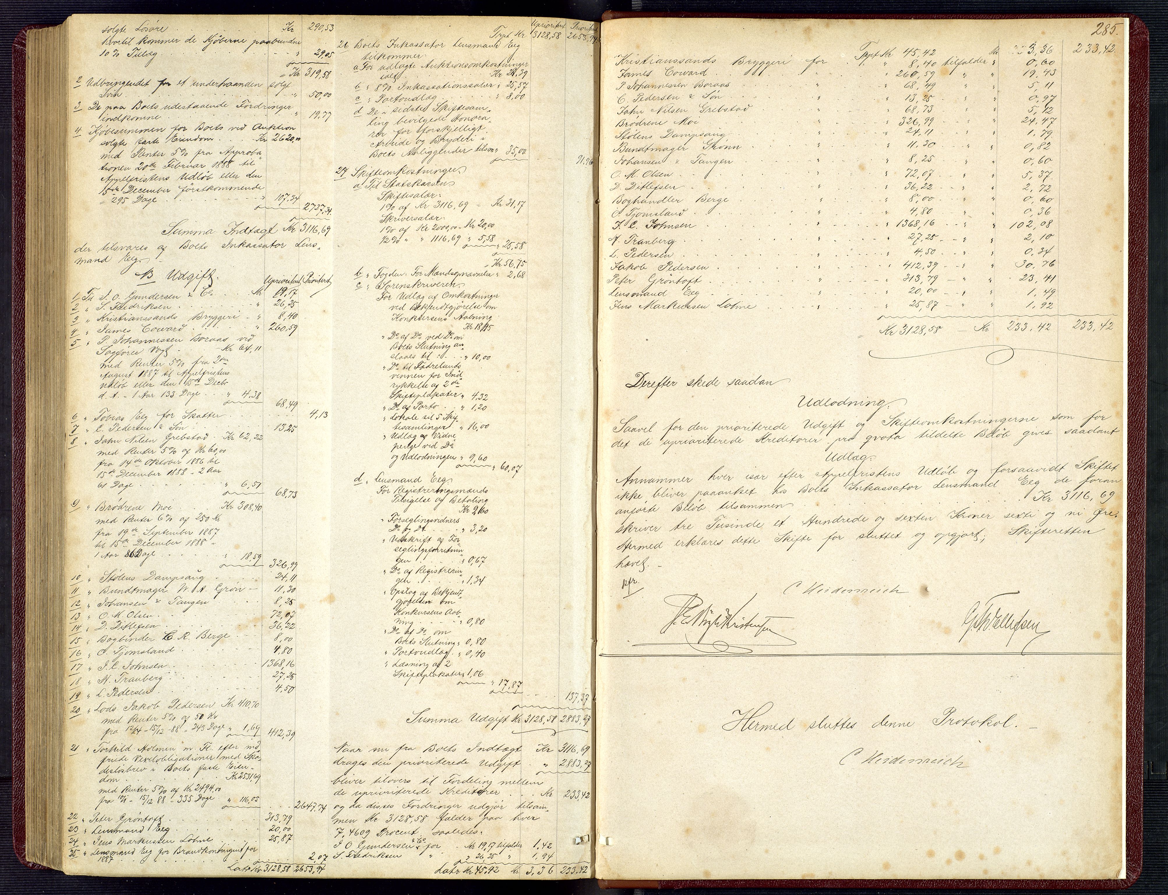 Torridal sorenskriveri, SAK/1221-0012/H/Hc/L0034: Skifteutlodningsprotokoll med navneregister nr. 3, 1877-1888, p. 285