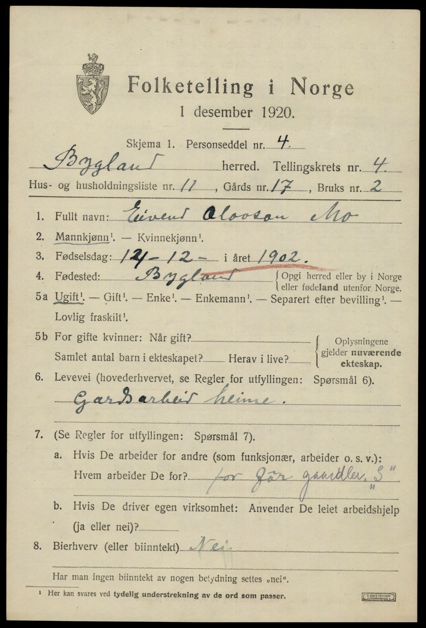 SAK, 1920 census for Bygland, 1920, p. 1845