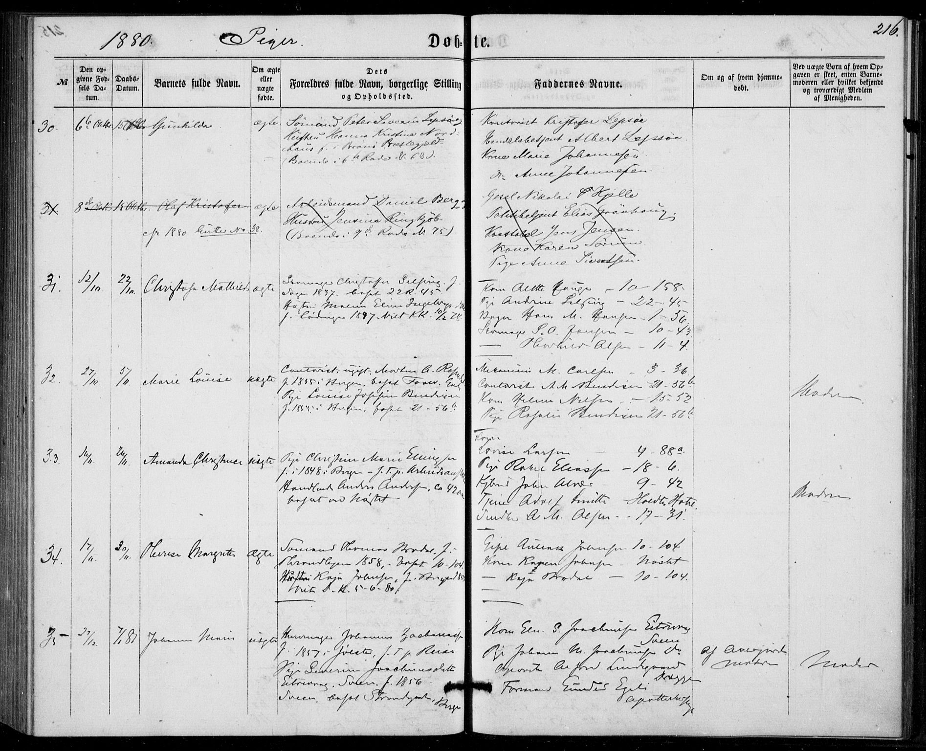 Fødselsstiftelsens sokneprestembete, ført av overlegen*, SAB/-: Parish register (official) no. A 1, 1863-1883, p. 216