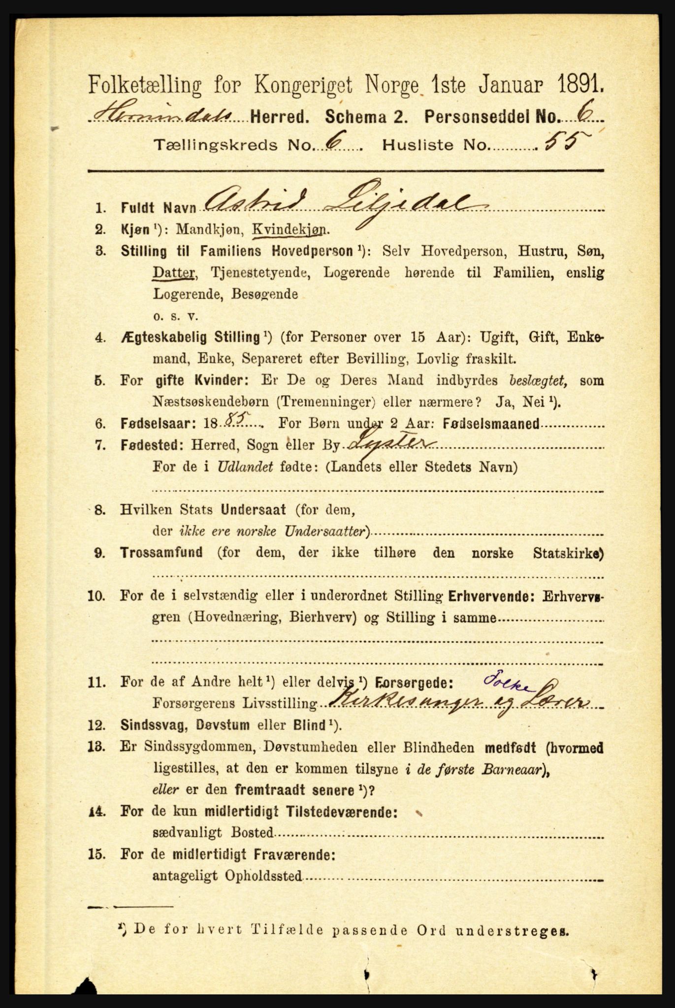 RA, 1891 census for 1444 Hornindal, 1891, p. 1722