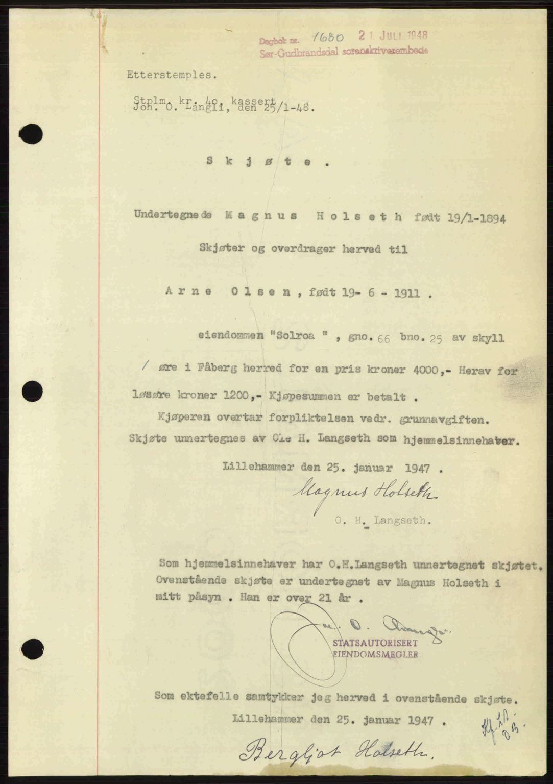 Sør-Gudbrandsdal tingrett, SAH/TING-004/H/Hb/Hbd/L0022: Mortgage book no. A22, 1948-1948, Diary no: : 1680/1948