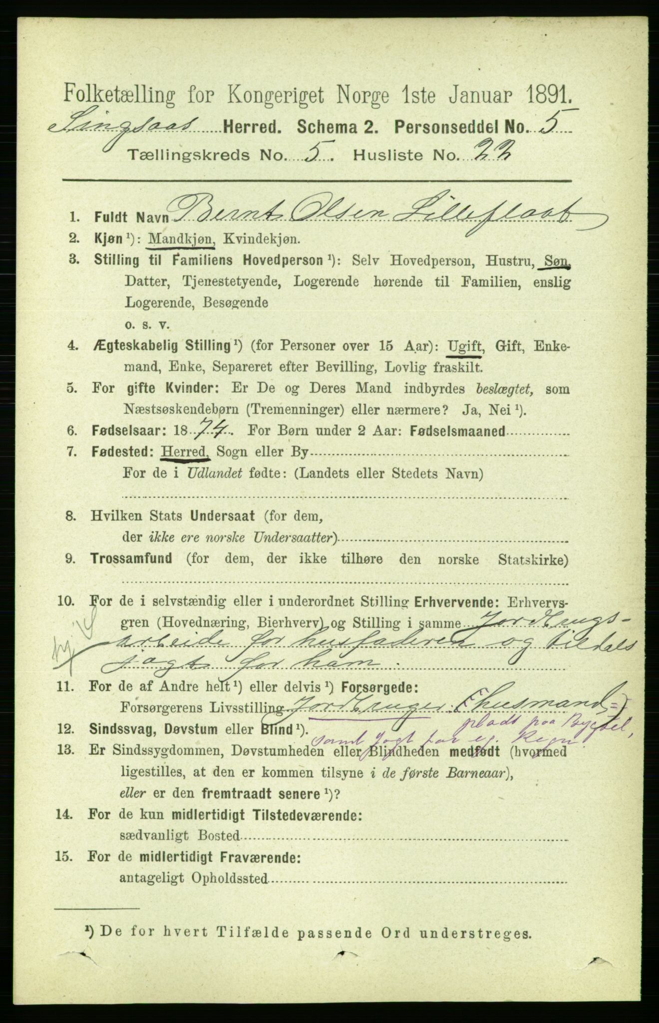 RA, 1891 census for 1646 Singsås, 1891, p. 1167