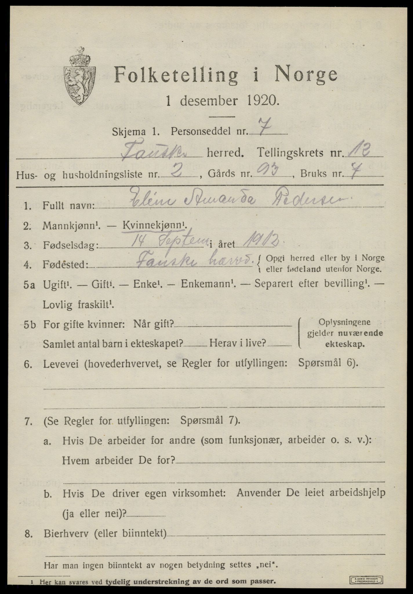 SAT, 1920 census for Fauske, 1920, p. 8192