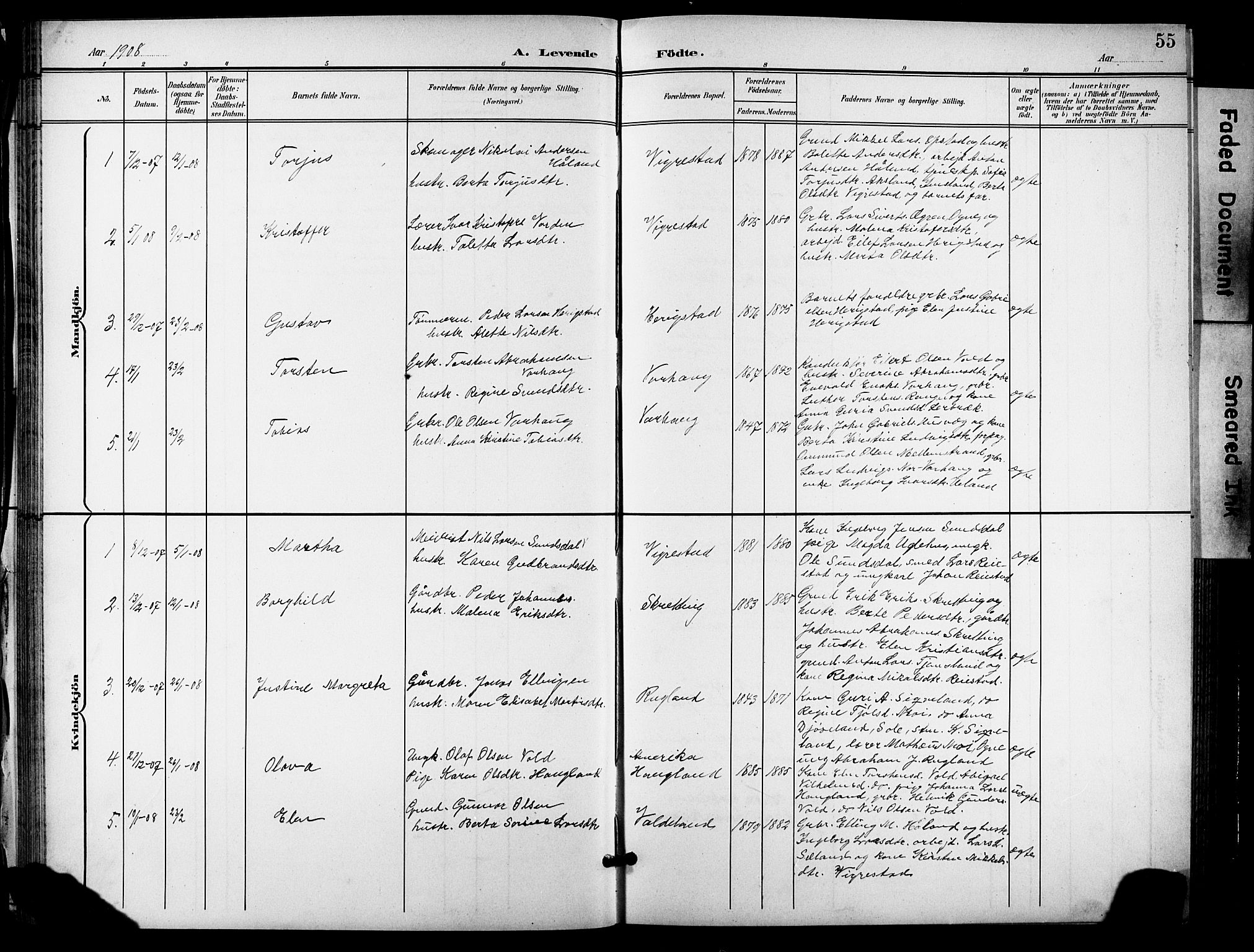 Hå sokneprestkontor, AV/SAST-A-101801/001/30BB/L0006: Parish register (copy) no. B 6, 1900-1924, p. 55