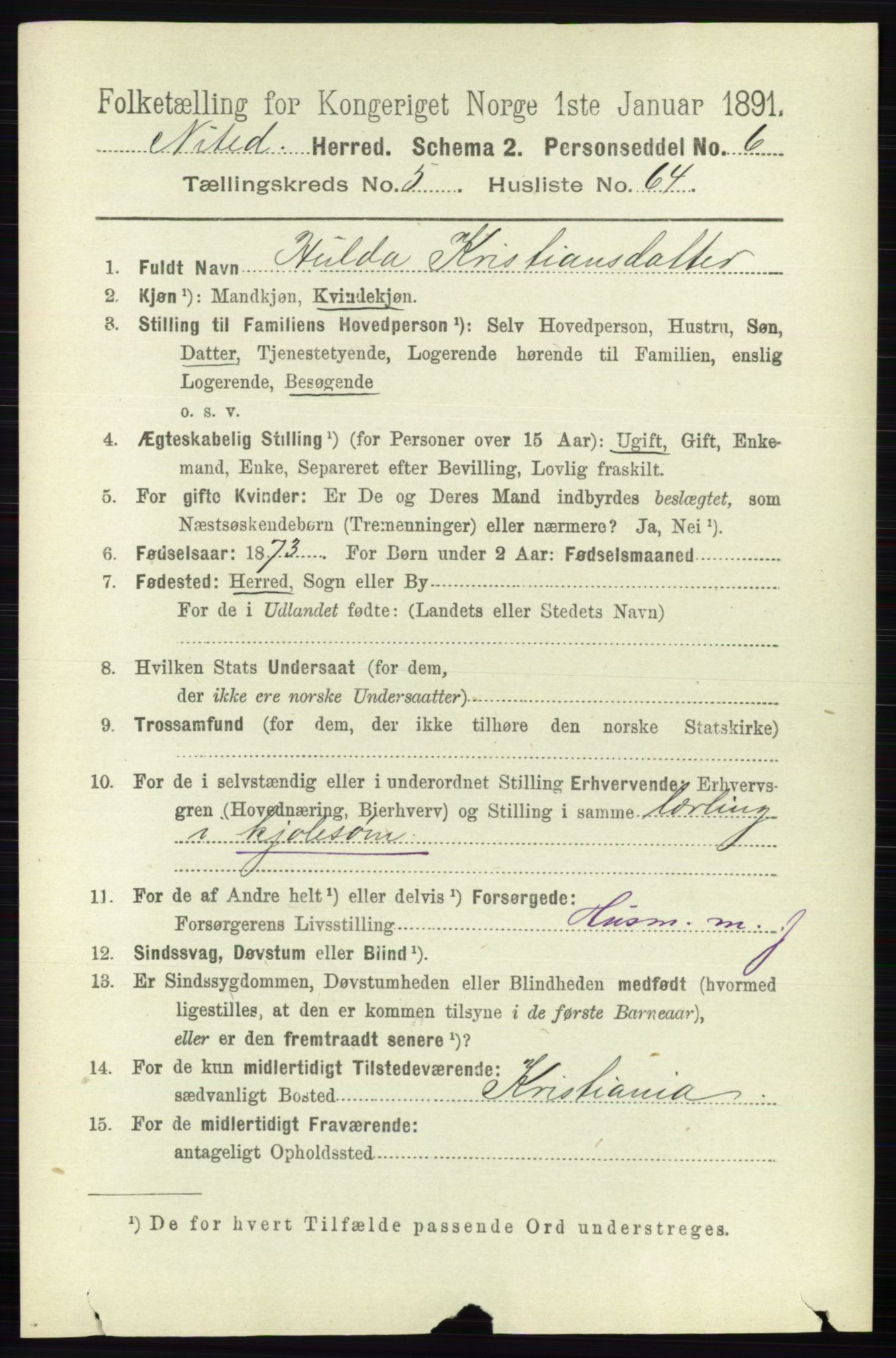 RA, 1891 census for 0233 Nittedal, 1891, p. 2536