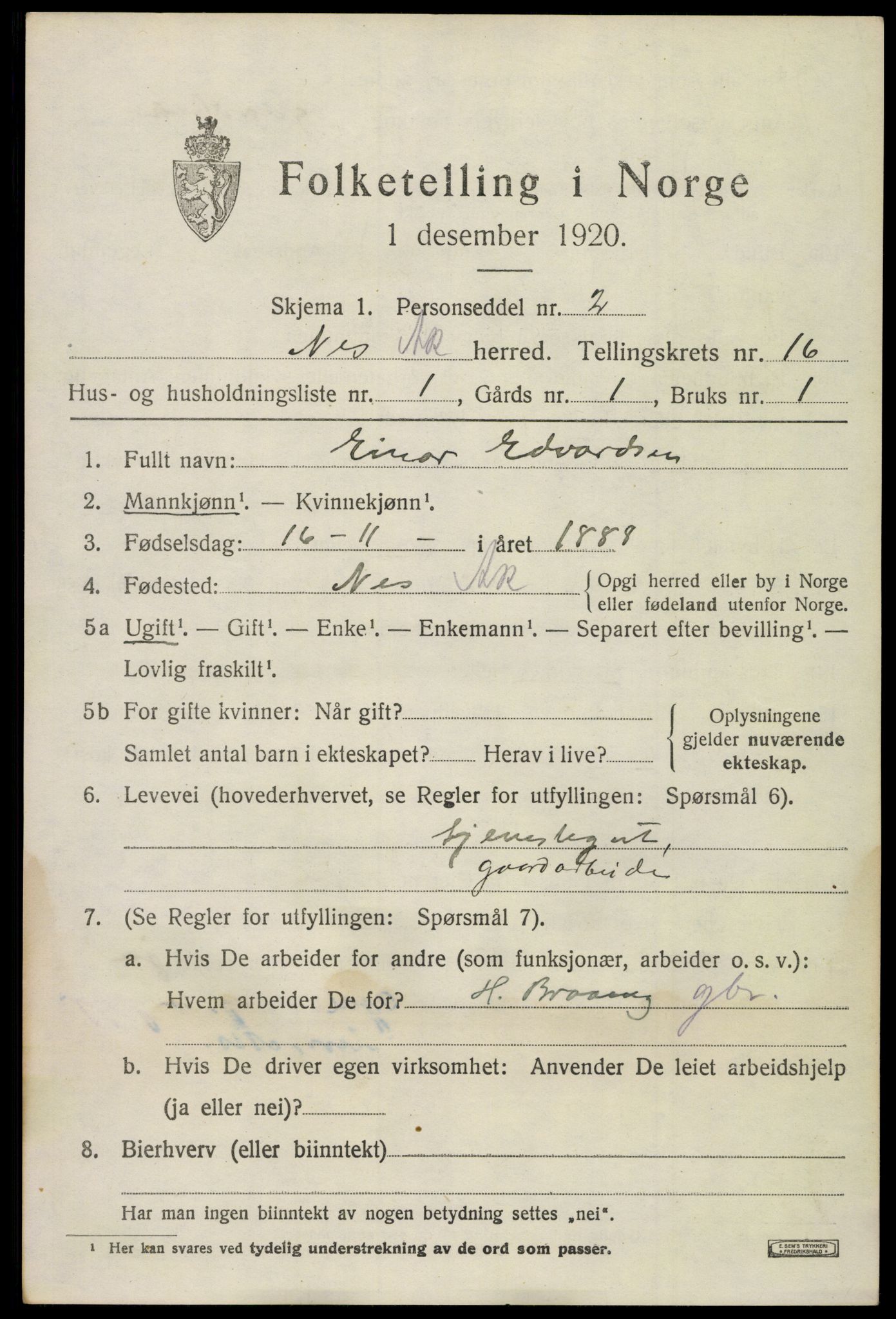 SAO, 1920 census for Nes, 1920, p. 15684