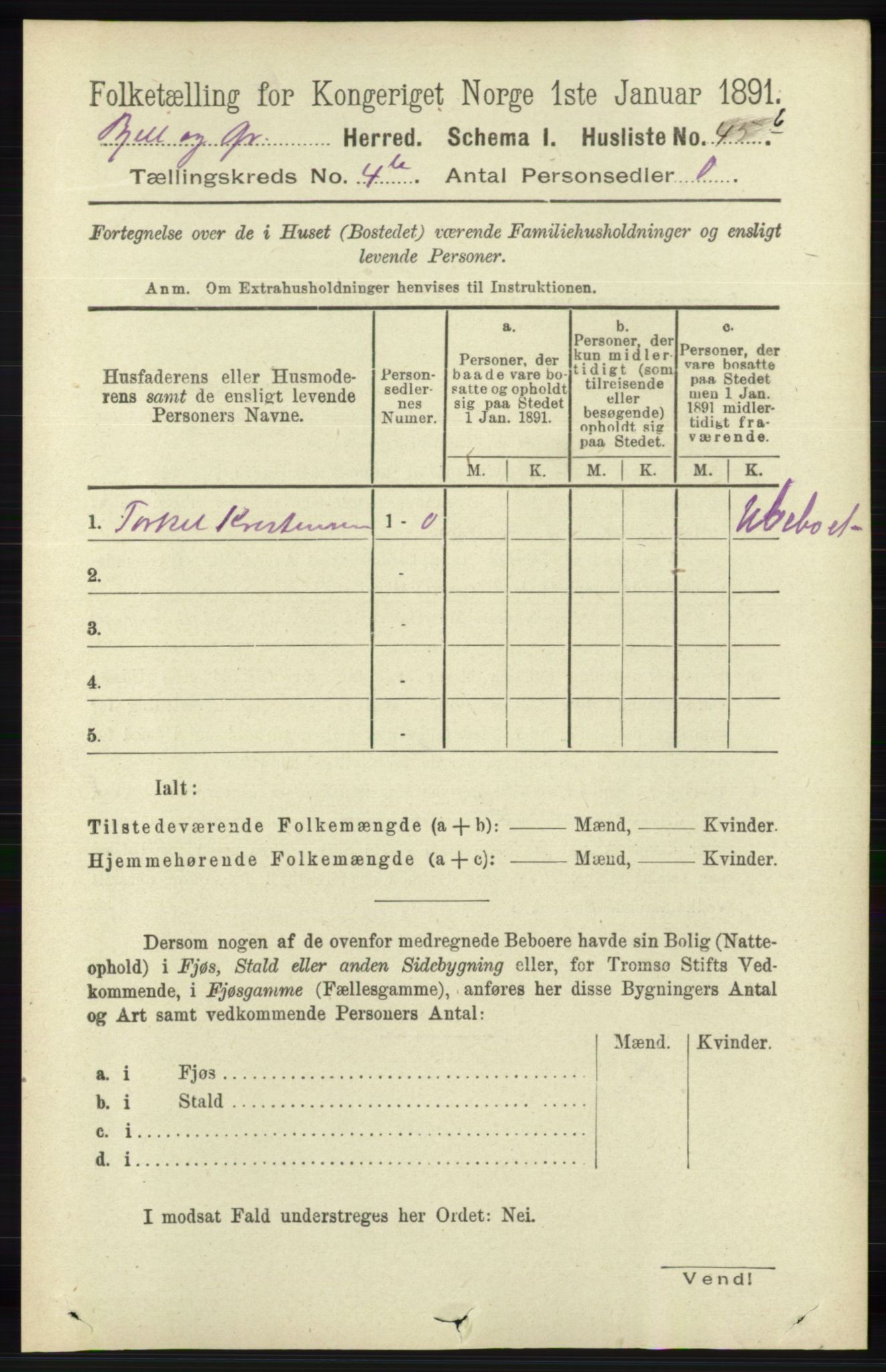 RA, 1891 census for 1024 Bjelland og Grindheim, 1891, p. 2073