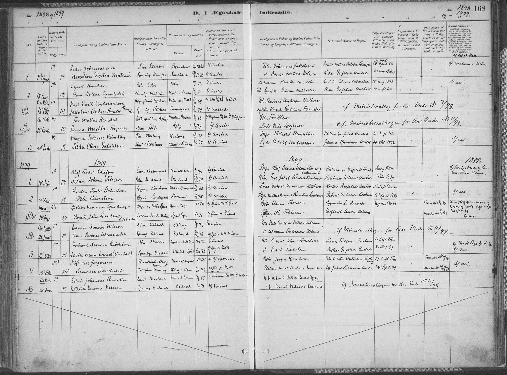 Lyngdal sokneprestkontor, SAK/1111-0029/F/Fa/Faa/L0004: Parish register (official) no. A 4, 1883-1904, p. 168