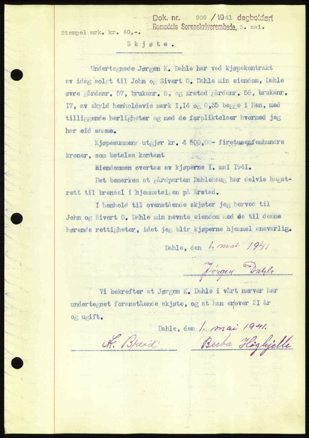 Romsdal sorenskriveri, AV/SAT-A-4149/1/2/2C: Mortgage book no. A10, 1941-1941, Diary no: : 909/1941