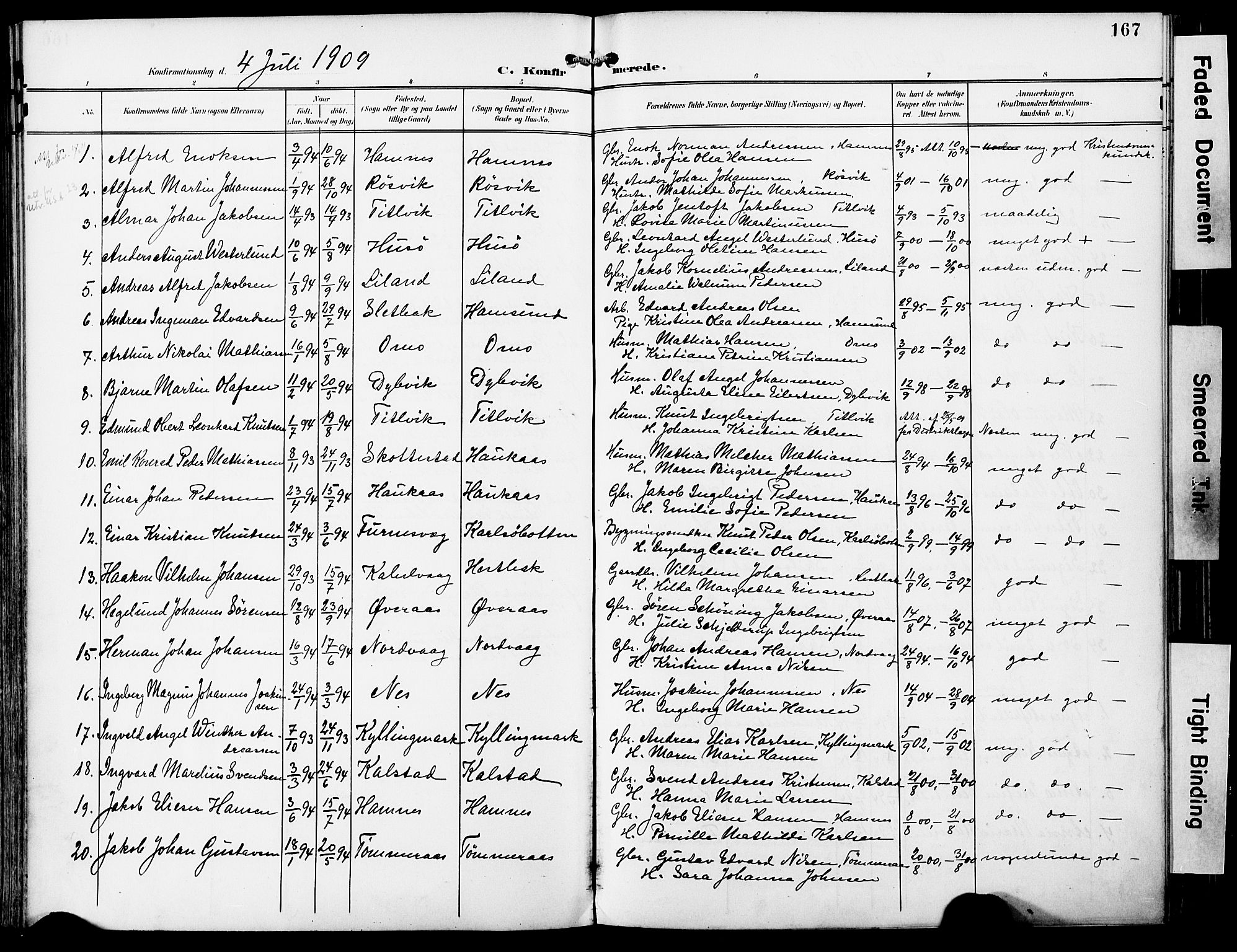 Ministerialprotokoller, klokkerbøker og fødselsregistre - Nordland, AV/SAT-A-1459/859/L0848: Parish register (official) no. 859A08, 1900-1912, p. 167