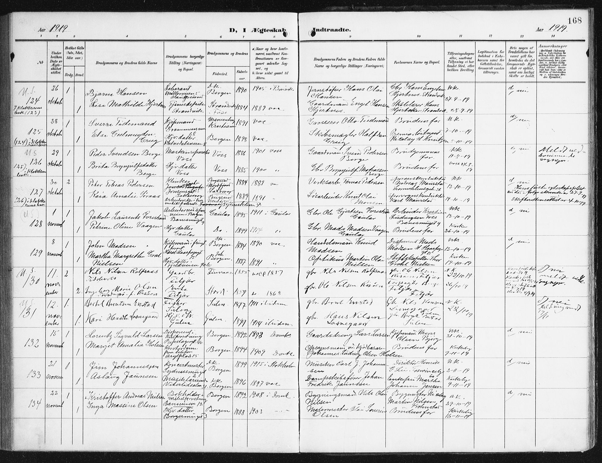 Domkirken sokneprestembete, SAB/A-74801/H/Haa/L0038: Parish register (official) no. D 5, 1906-1921, p. 168