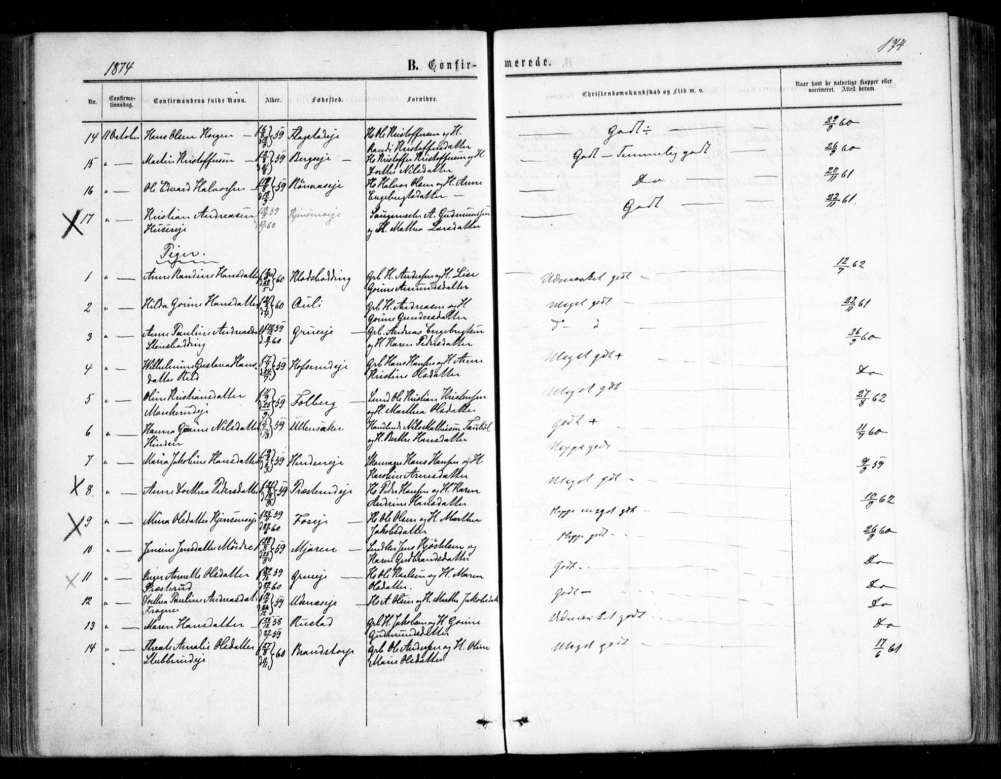 Nes prestekontor Kirkebøker, SAO/A-10410/F/Fc/L0001: Parish register (official) no. III 1, 1859-1882, p. 174
