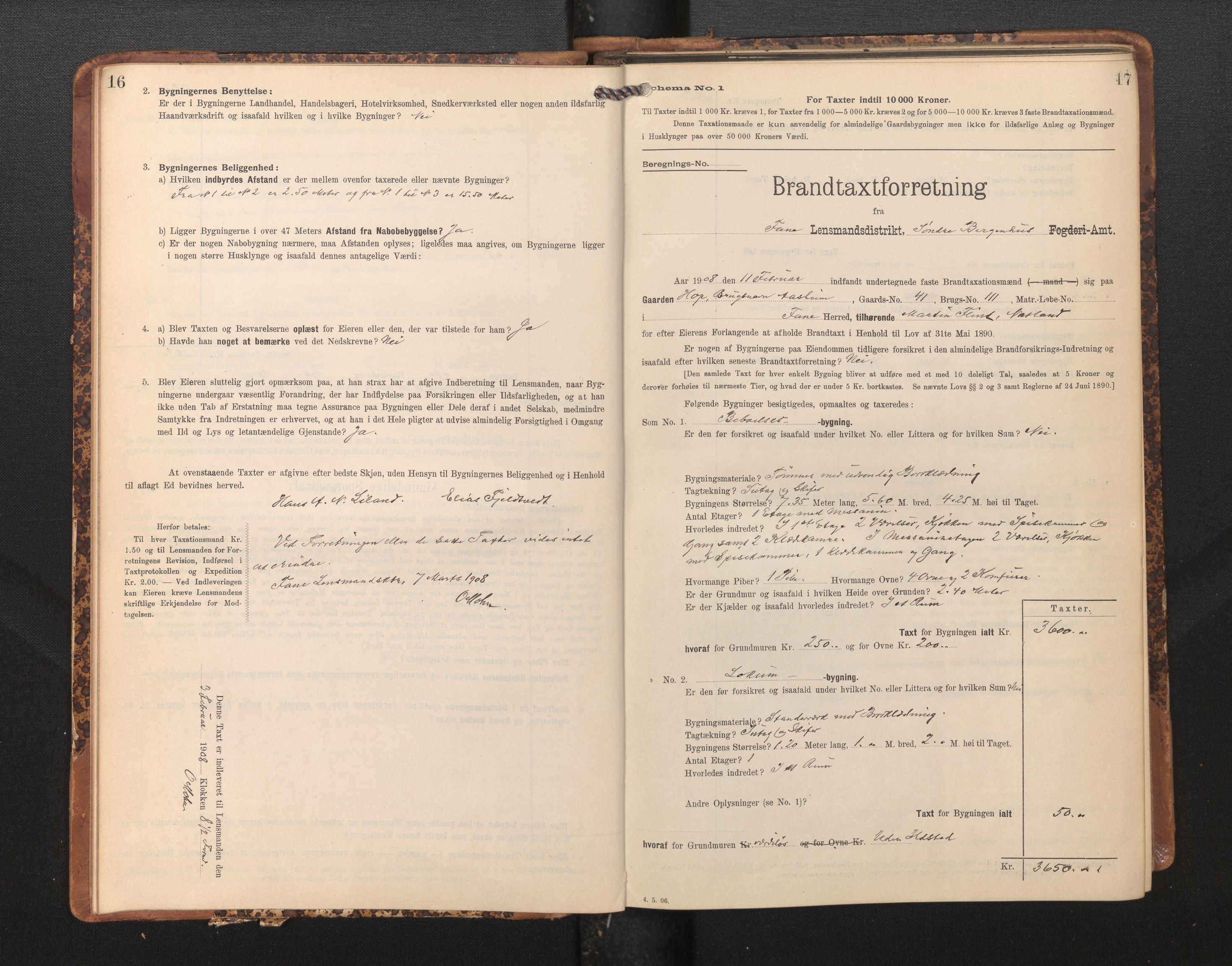 Lensmannen i Fana, AV/SAB-A-31801/0012/L0018: Branntakstprotokoll skjematakst, 1907-1910, p. 16-17