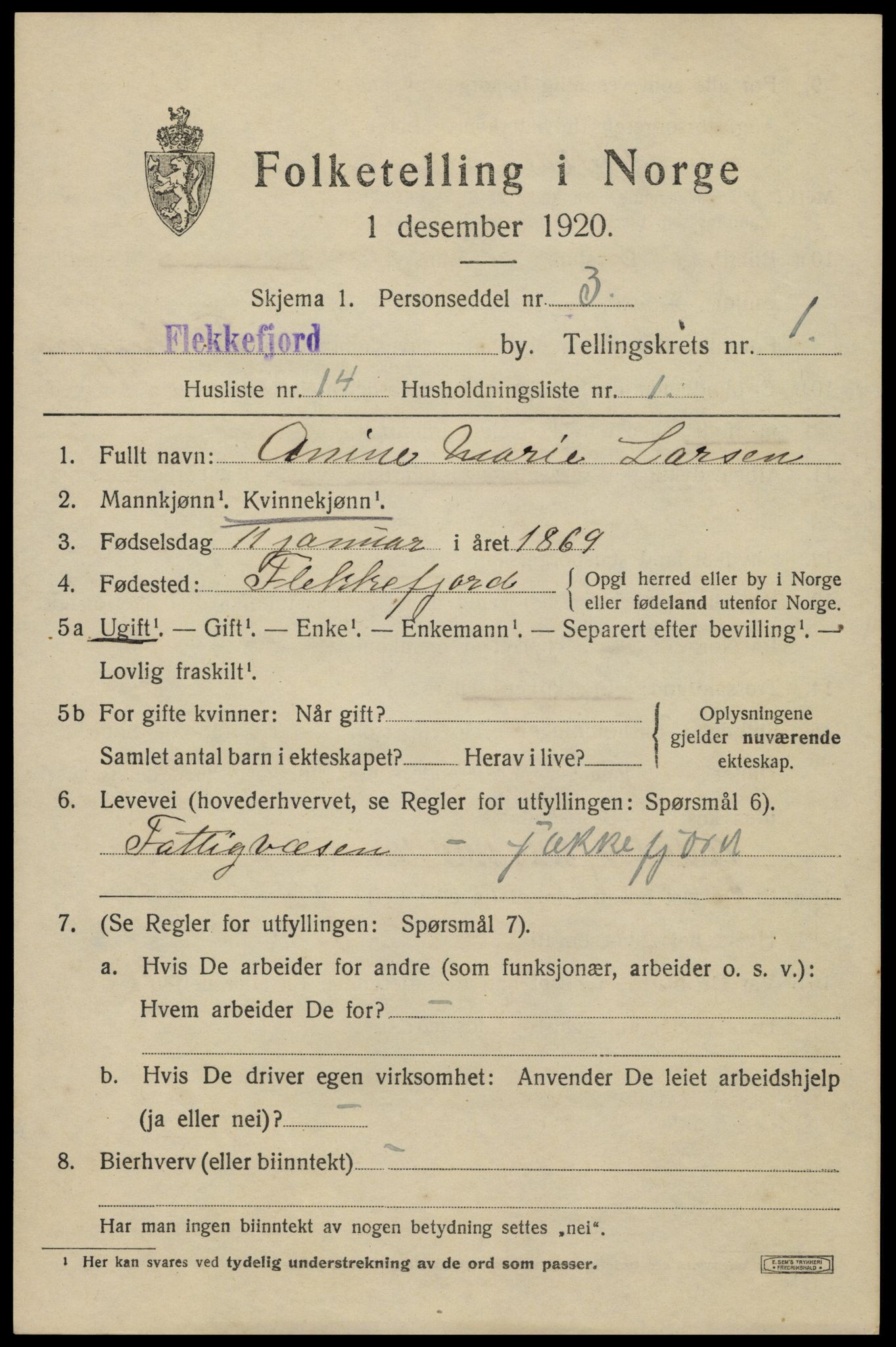 SAK, 1920 census for Flekkefjord, 1920, p. 2000