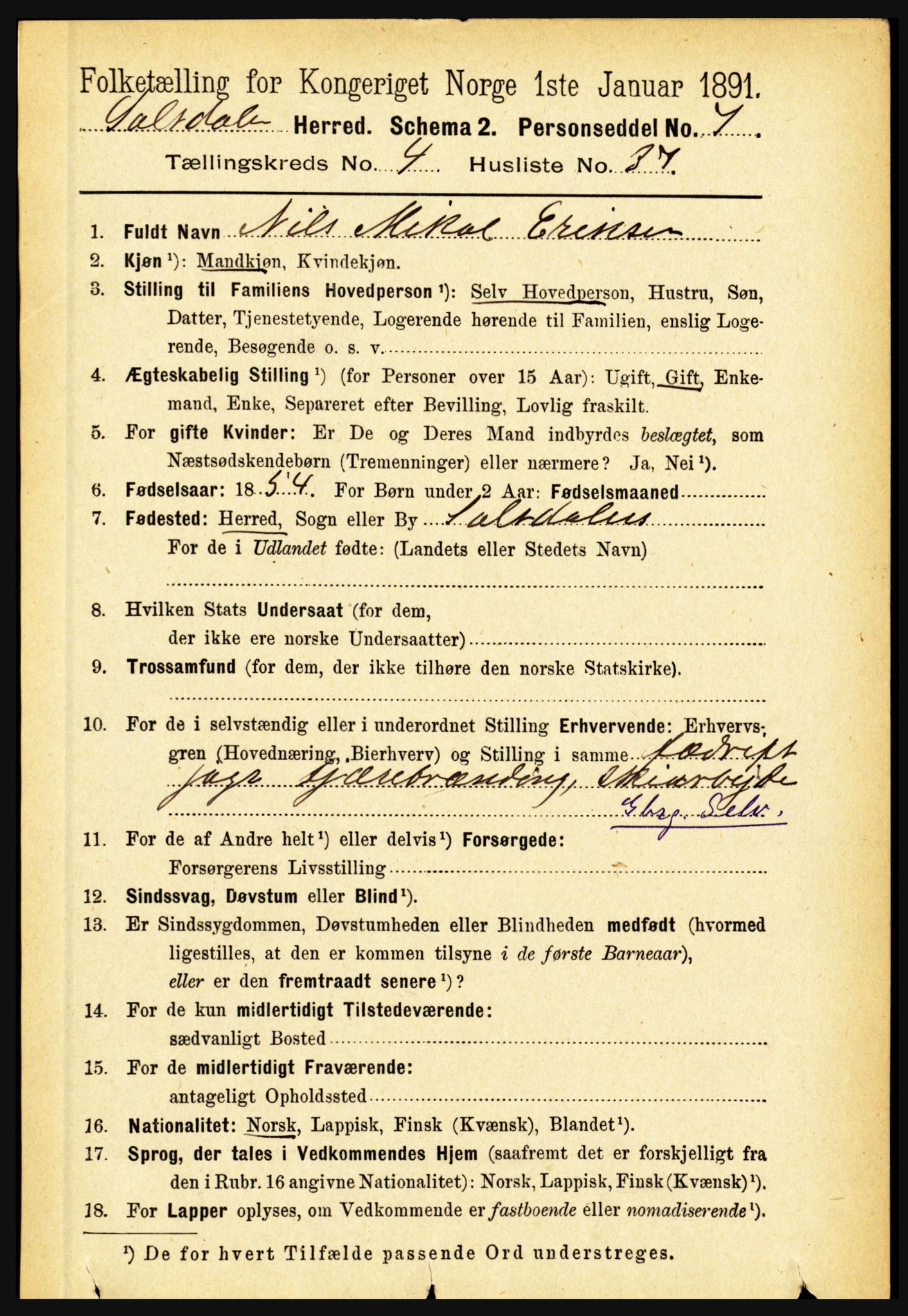 RA, 1891 census for 1840 Saltdal, 1891, p. 2578