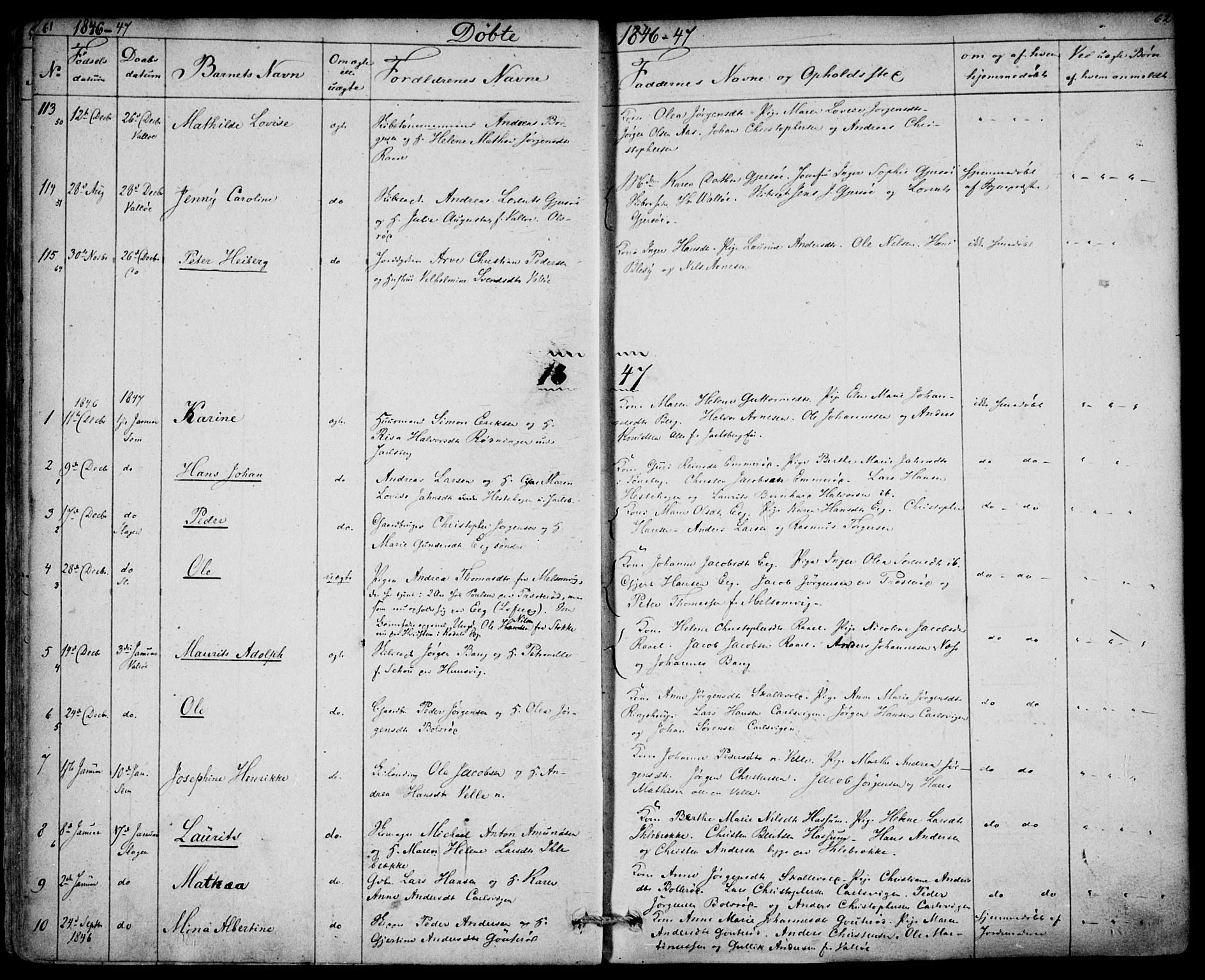 Sem kirkebøker, SAKO/A-5/F/Fa/L0006: Parish register (official) no. I 6, 1843-1855, p. 61-62