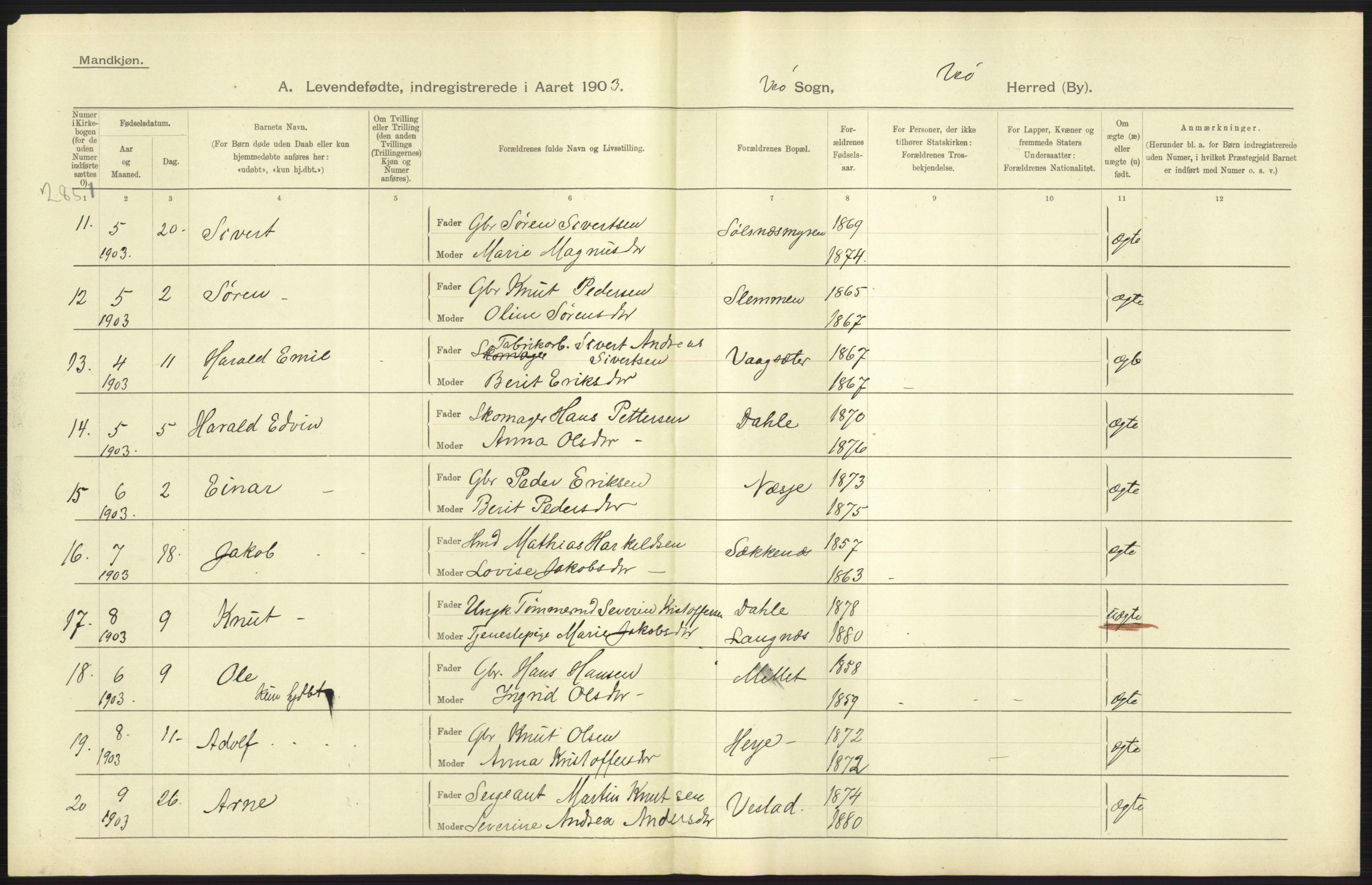 Statistisk sentralbyrå, Sosiodemografiske emner, Befolkning, AV/RA-S-2228/D/Df/Dfa/Dfaa/L0016: Romsdal amt: Fødte, gifte, døde., 1903, p. 65