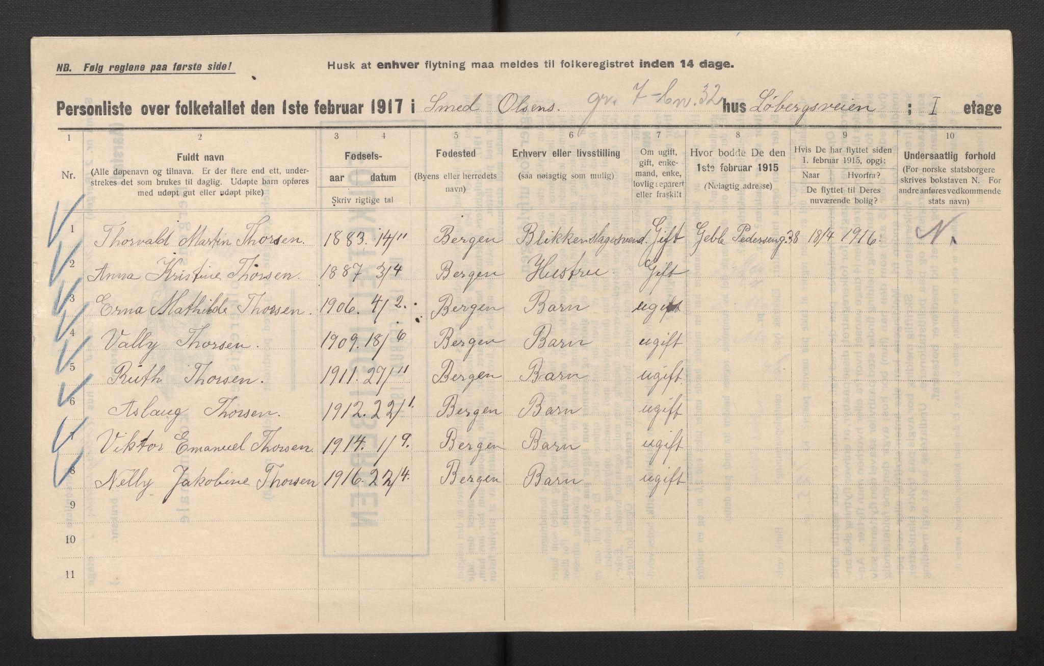 SAB, Municipal Census 1917 for Bergen, 1917, p. 48310