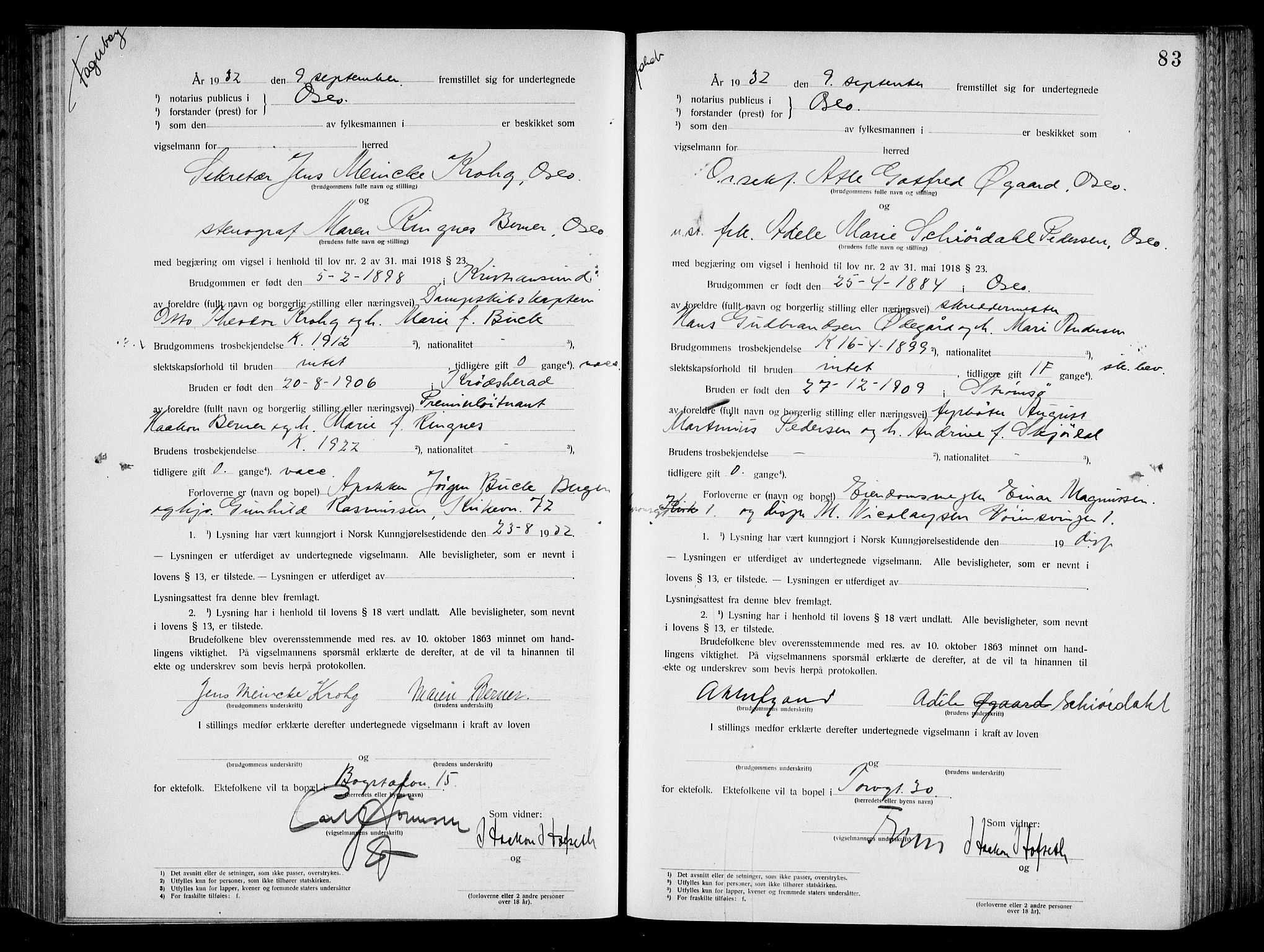 Oslo byfogd avd. I, AV/SAO-A-10220/L/Lb/Lbb/L0022: Notarialprotokoll, rekke II: Vigsler, 1932-1933, p. 82b-83a