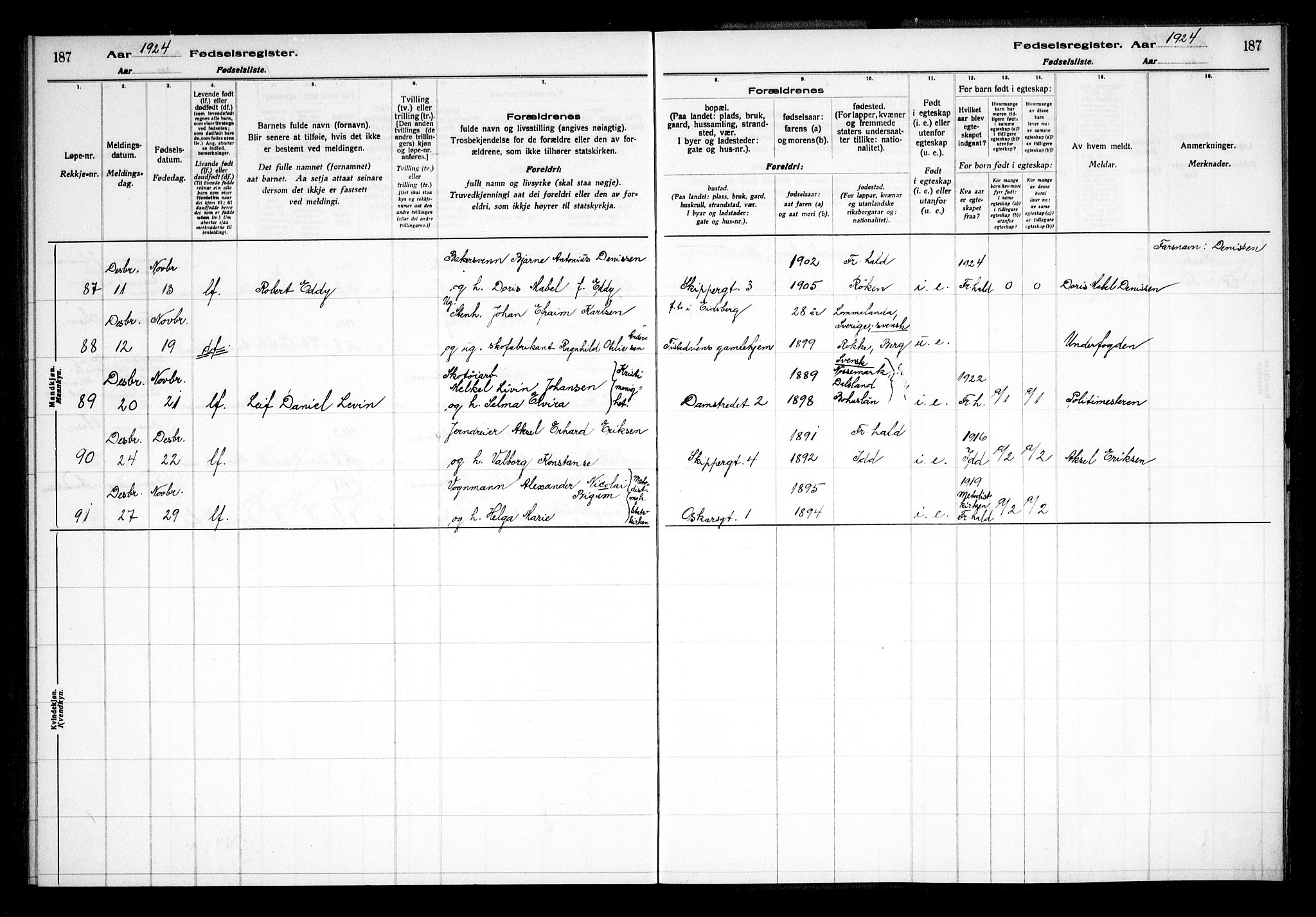 Halden prestekontor Kirkebøker, SAO/A-10909/J/Ja/L0001: Birth register no. I 1, 1916-1925, p. 187