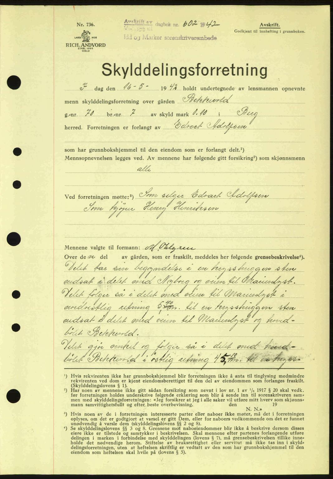 Idd og Marker sorenskriveri, AV/SAO-A-10283/G/Gb/Gbb/L0005: Mortgage book no. A5, 1941-1943, Diary no: : 602/1942