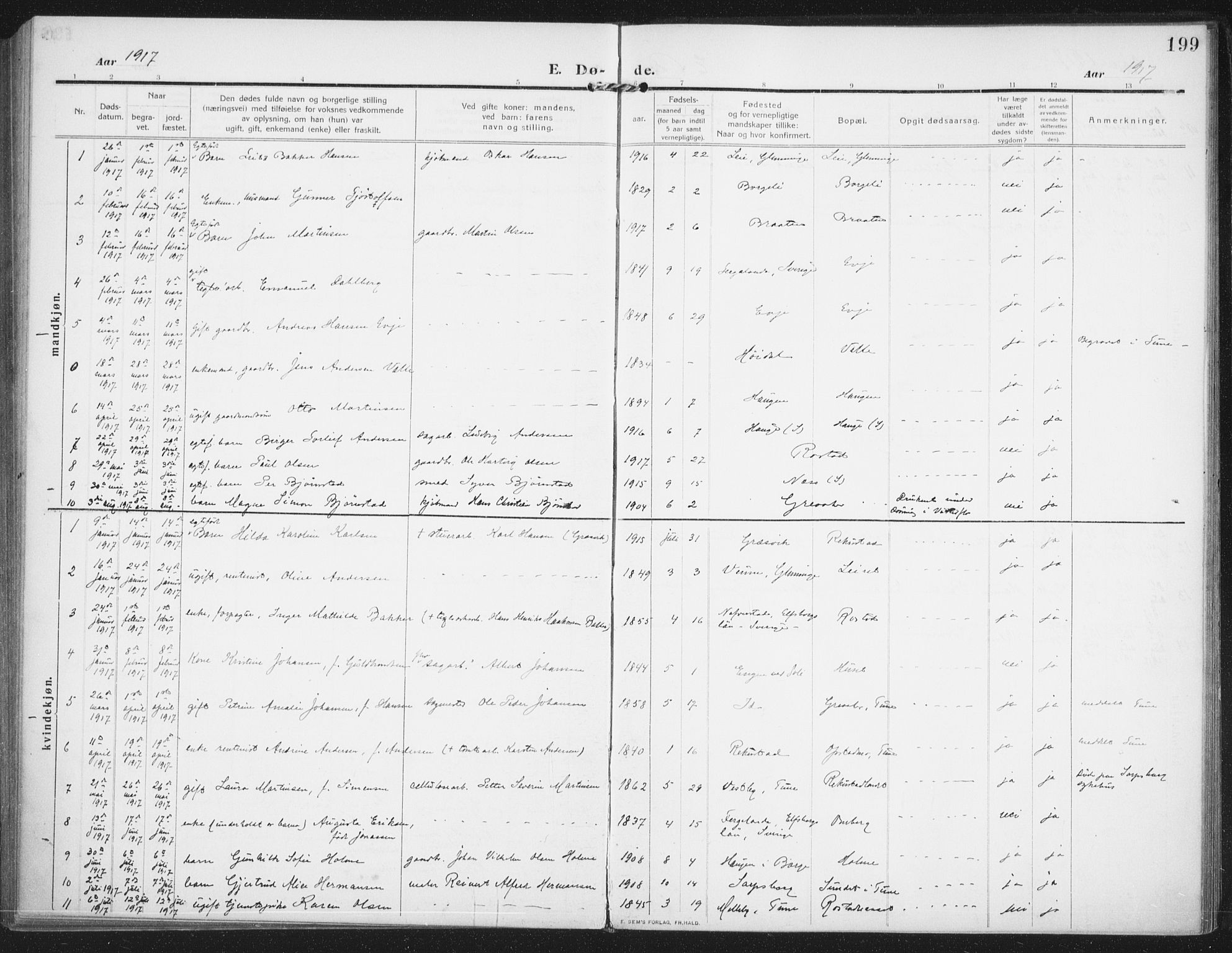 Rolvsøy prestekontor Kirkebøker, AV/SAO-A-2004/F/Fa/L0002: Parish register (official) no. 2, 1909-1917, p. 199