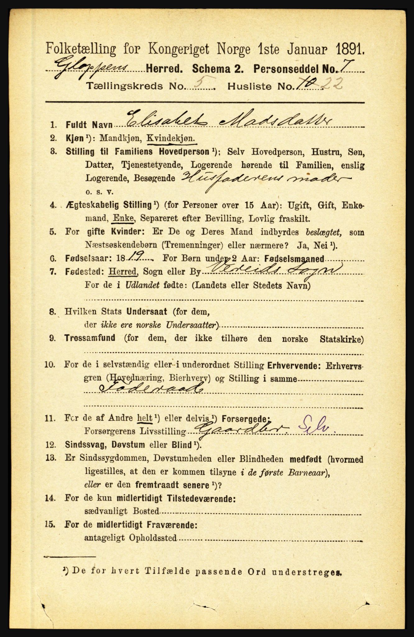 RA, 1891 census for 1445 Gloppen, 1891, p. 2201