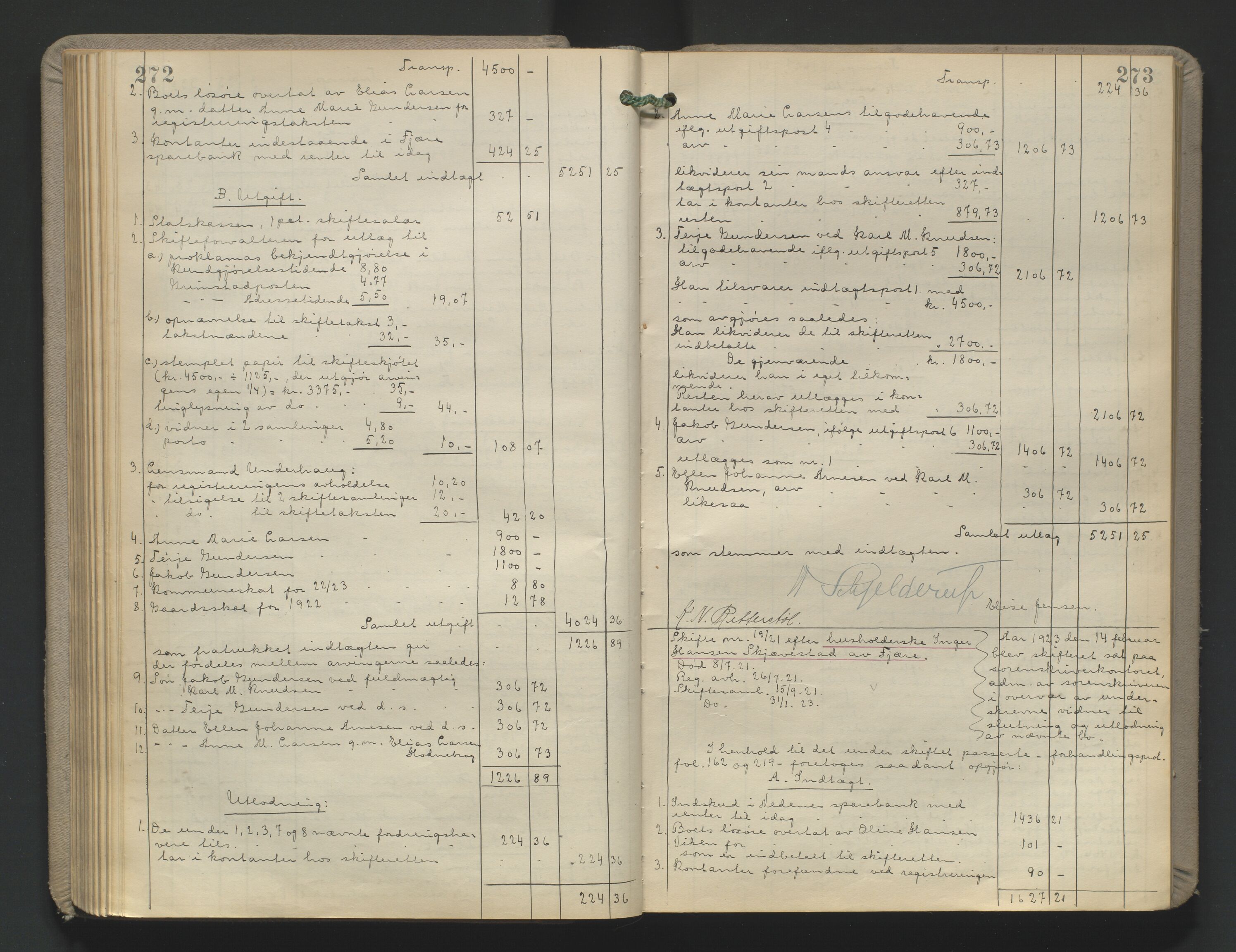 Vestre Nedenes/Sand sorenskriveri, AV/SAK-1221-0010/H/Hc/L0022: Skifteutlodningsprotokoll nr. 9, 1919-1932, p. 272-273