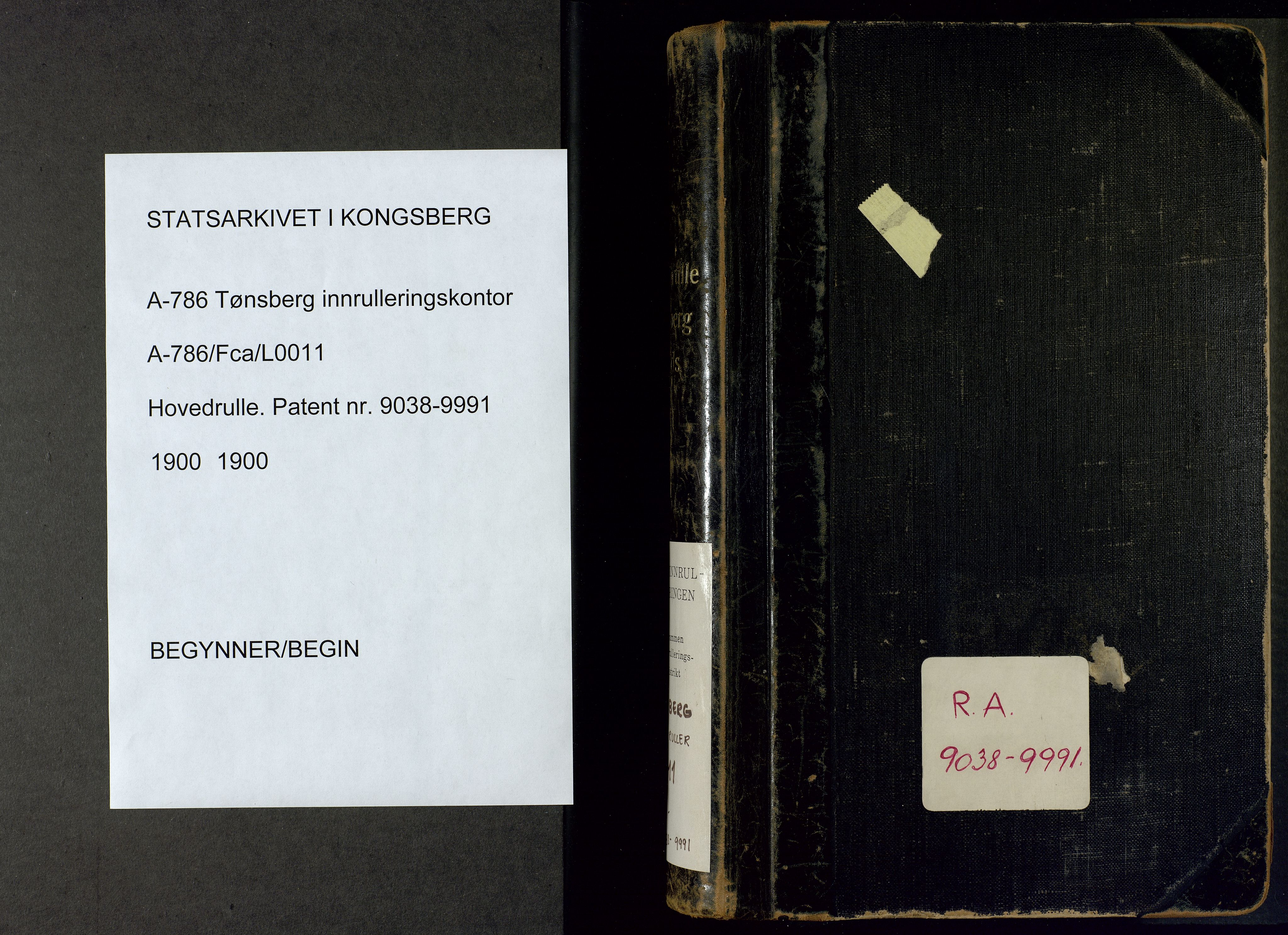 Tønsberg innrulleringskontor, AV/SAKO-A-786/F/Fc/Fca/L0011: Hovedrulle Patent nr. 9038-9992, 1900-1912
