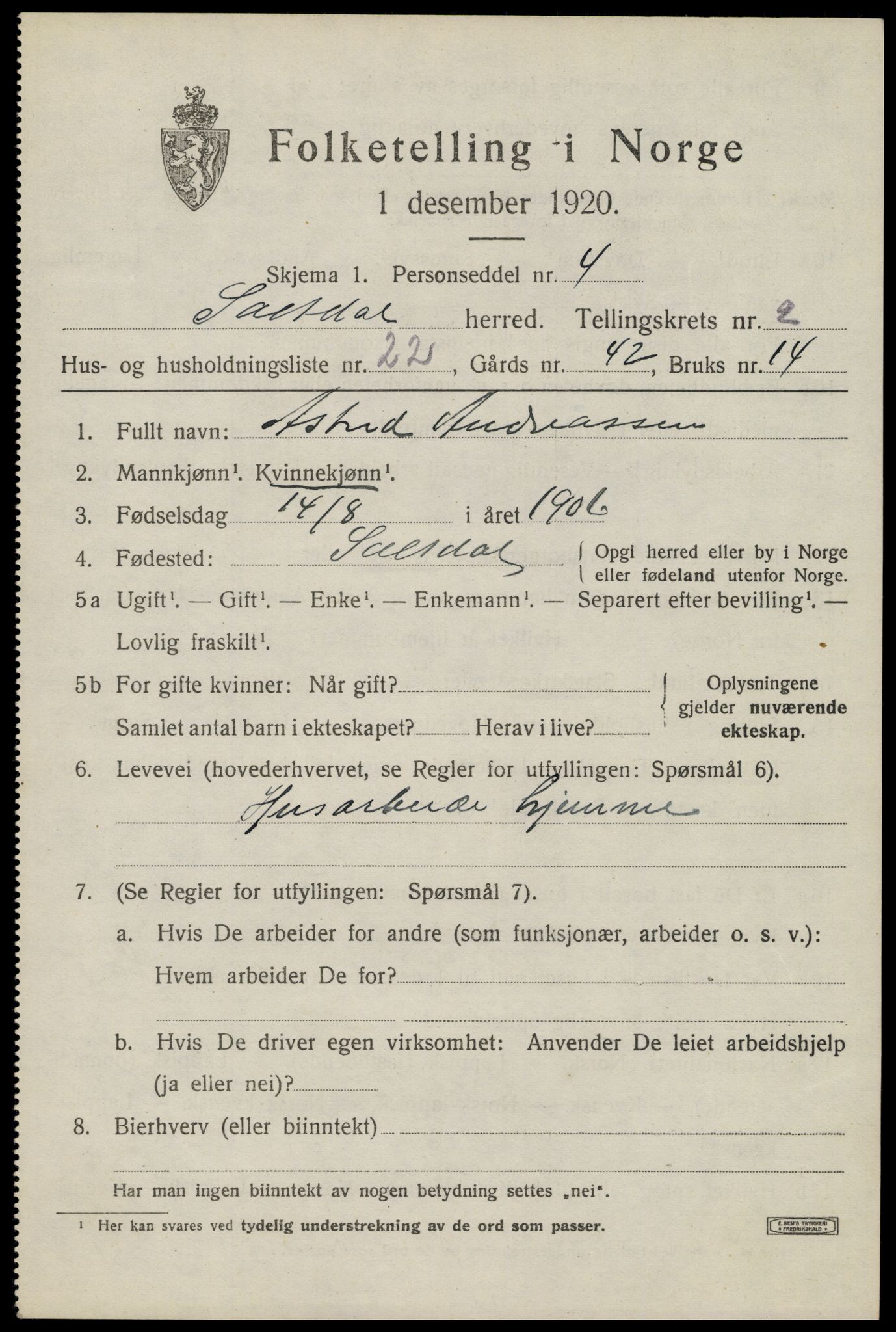 SAT, 1920 census for Saltdal, 1920, p. 3157