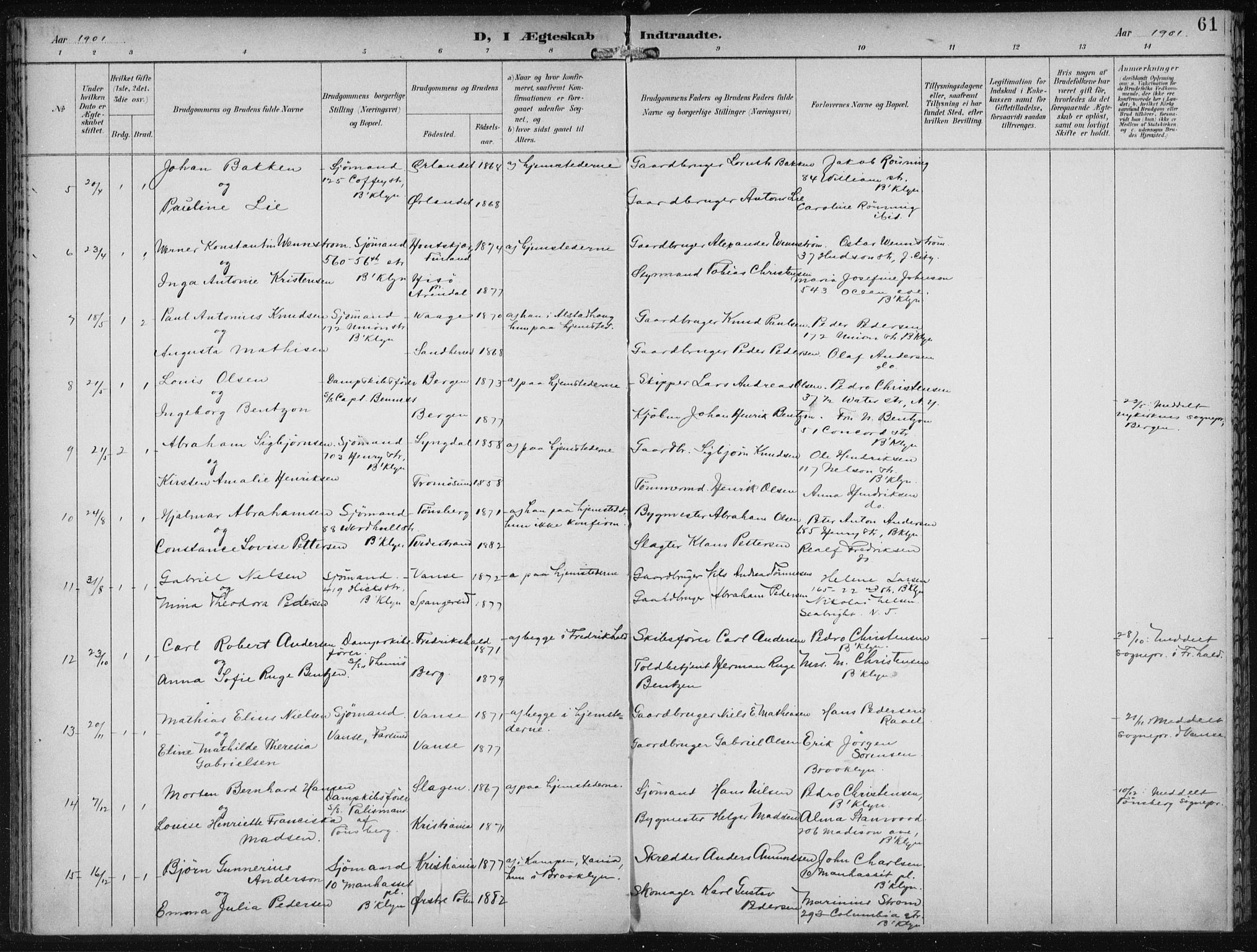 Den norske sjømannsmisjon i utlandet/New York, SAB/SAB/PA-0110/H/Ha/L0004: Parish register (official) no. A 4, 1893-1901, p. 61