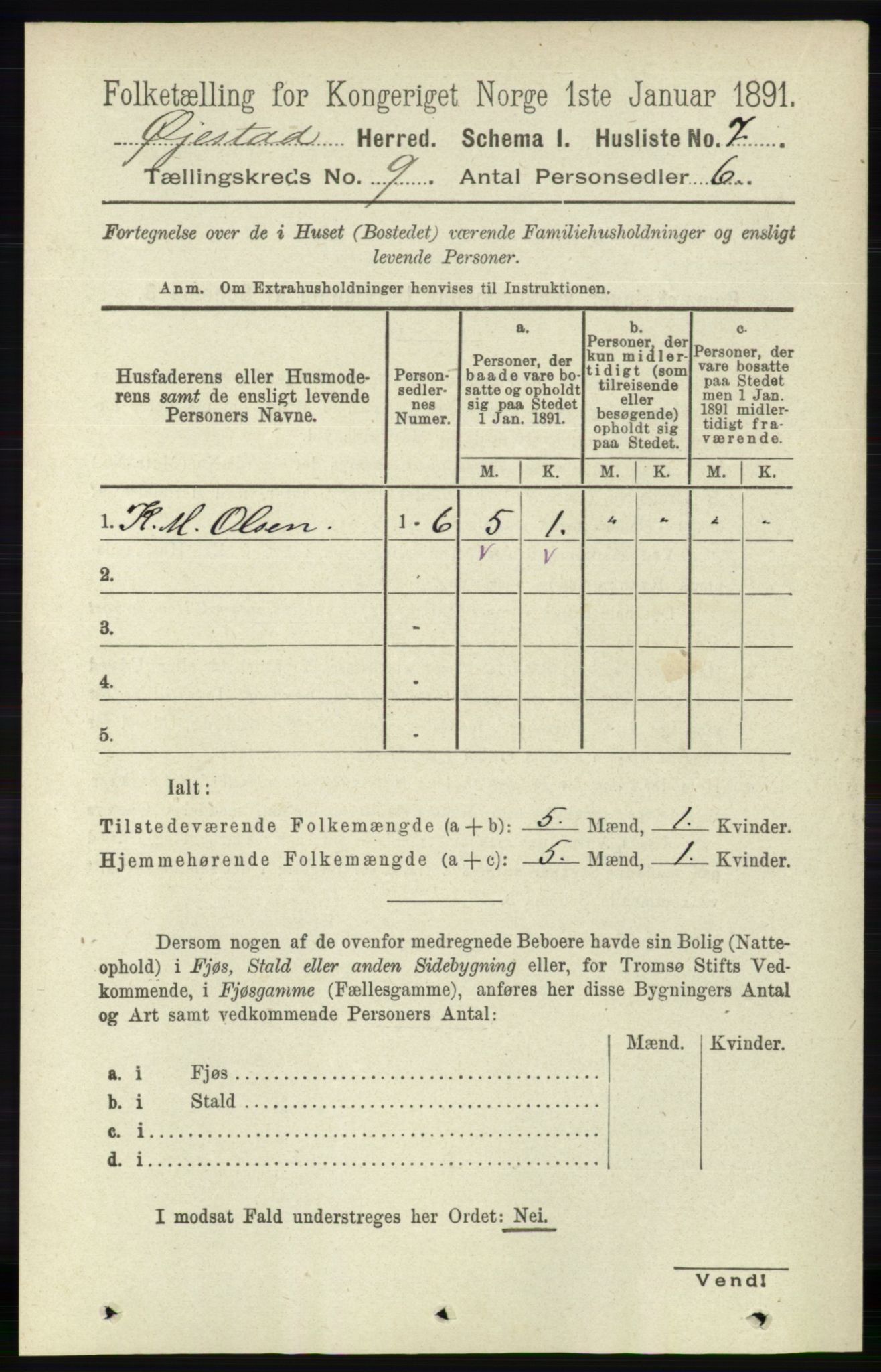 RA, 1891 census for 0920 Øyestad, 1891, p. 3478