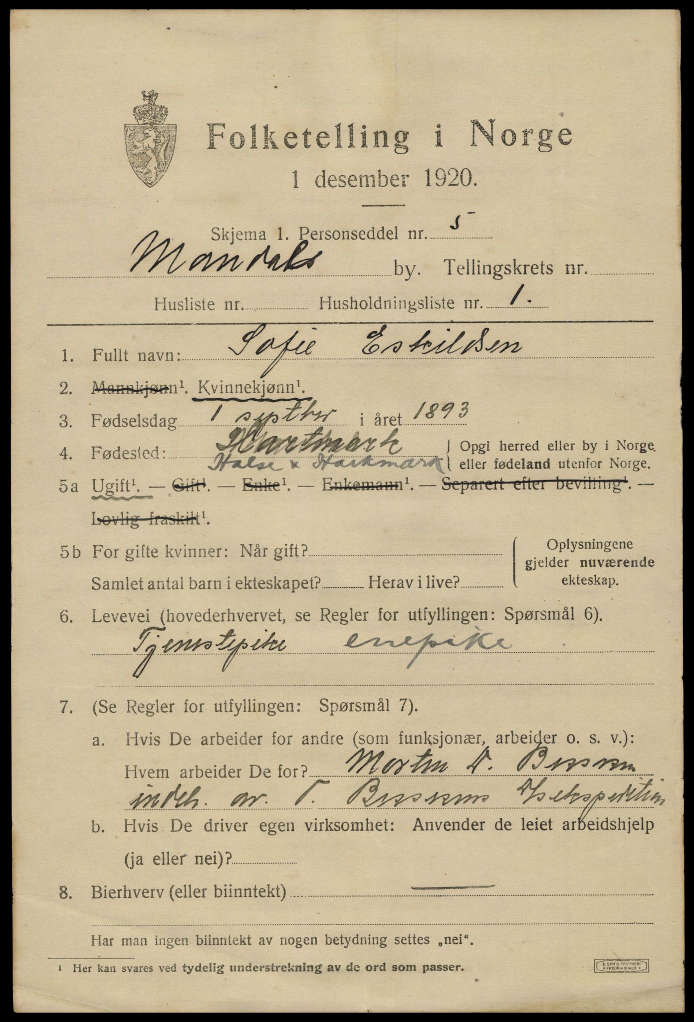 SAK, 1920 census for Mandal, 1920, p. 9109
