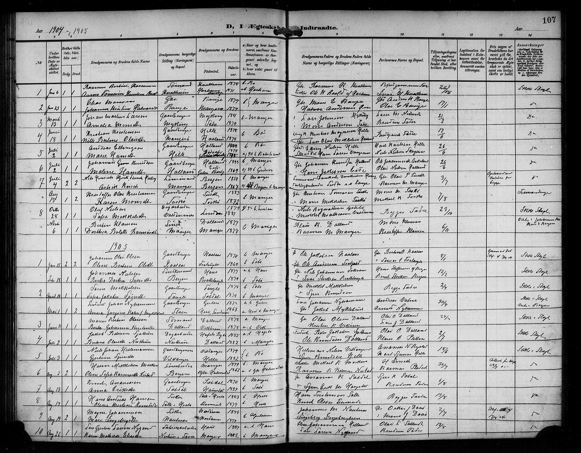 Manger sokneprestembete, SAB/A-76801/H/Hab: Parish register (copy) no. A 2, 1902-1923, p. 107