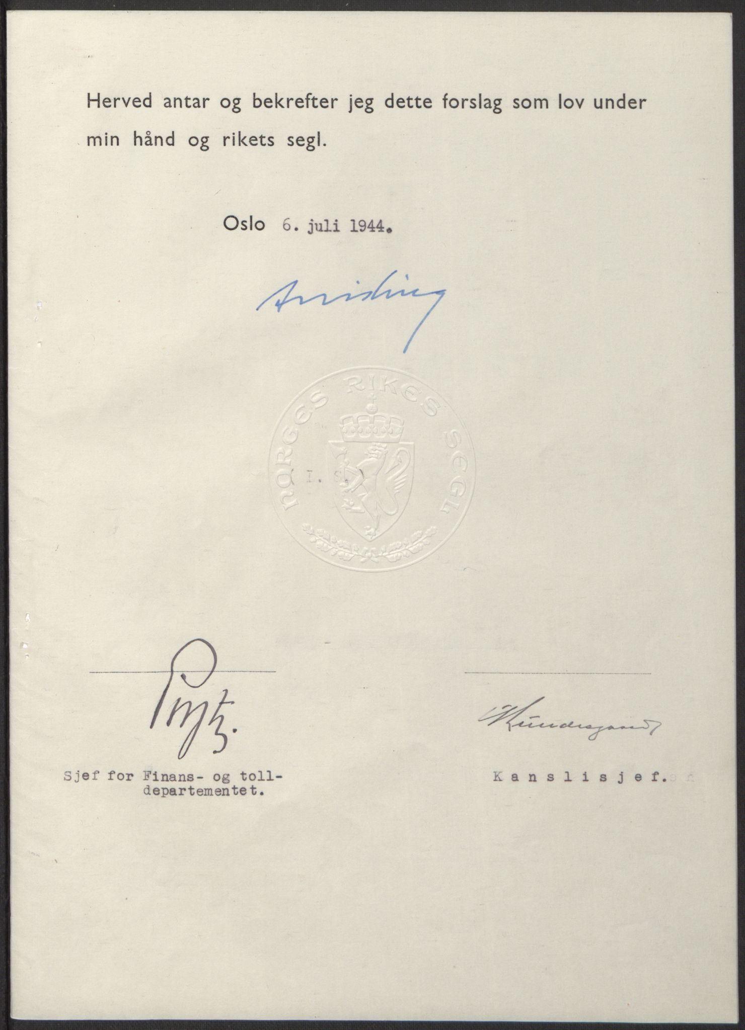 NS-administrasjonen 1940-1945 (Statsrådsekretariatet, de kommisariske statsråder mm), RA/S-4279/D/Db/L0100: Lover, 1944, p. 341