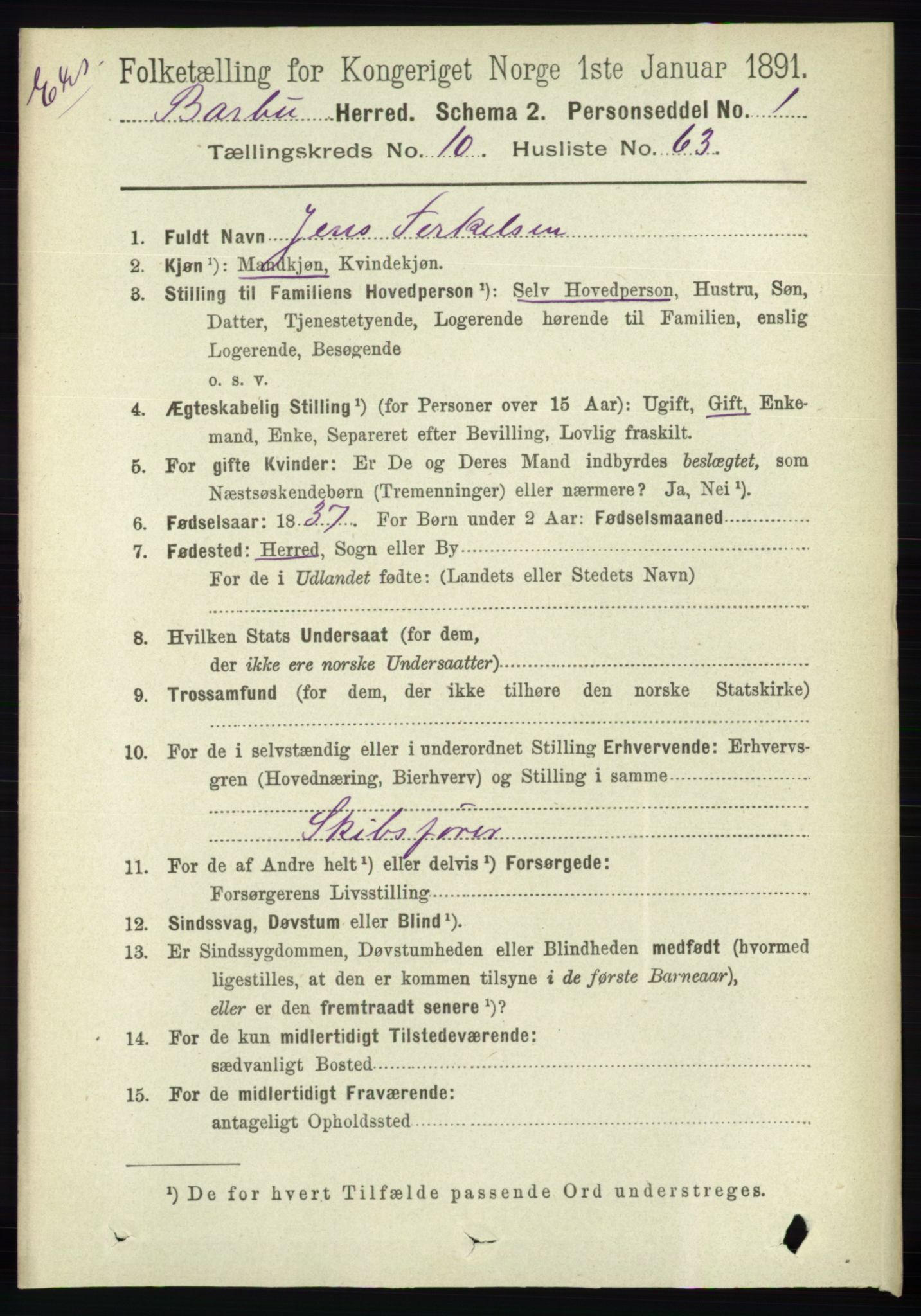 RA, Census 1891 for Nedenes amt: Gjenparter av personsedler for beslektede ektefeller, menn, 1891, p. 553