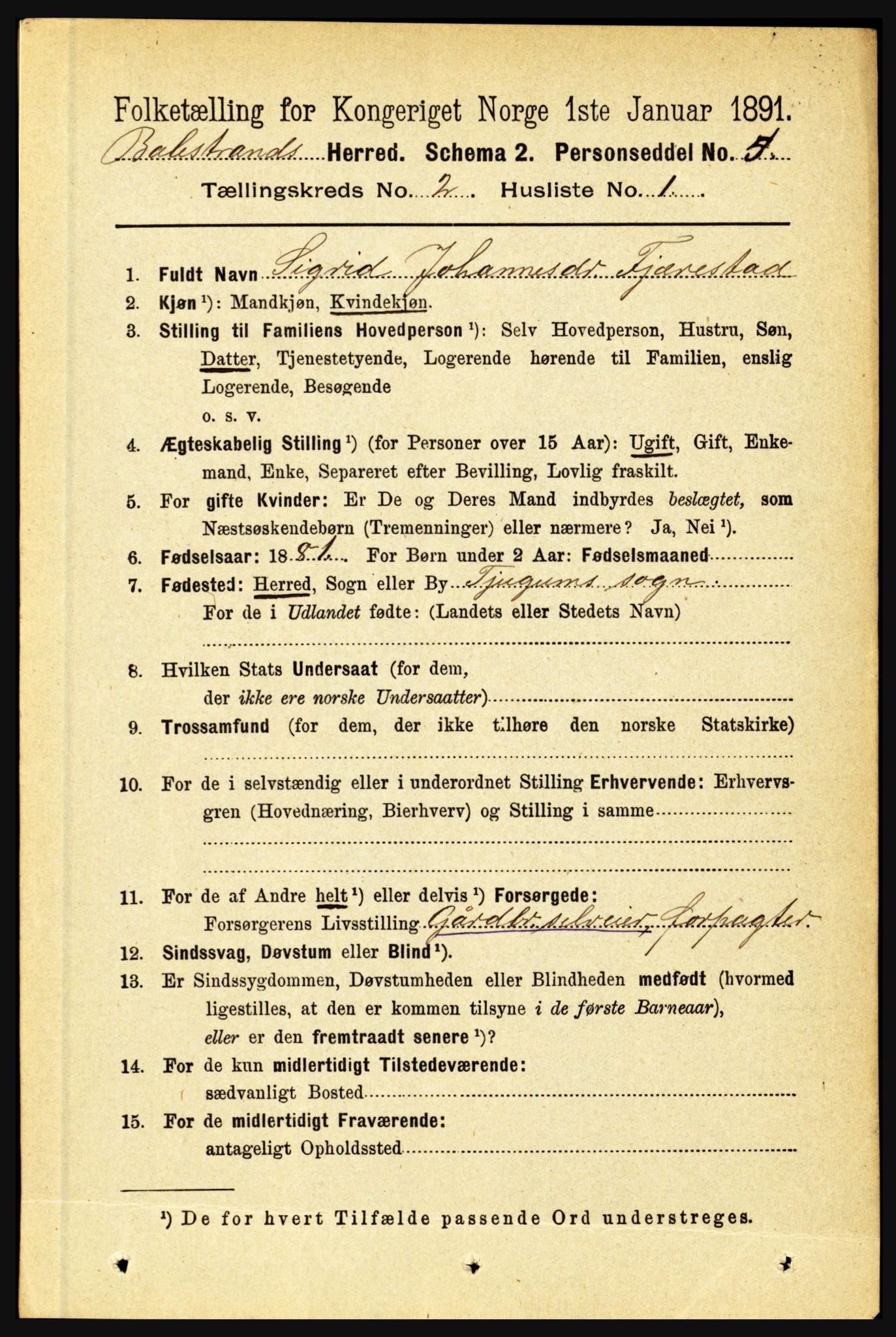 RA, 1891 census for 1418 Balestrand, 1891, p. 280