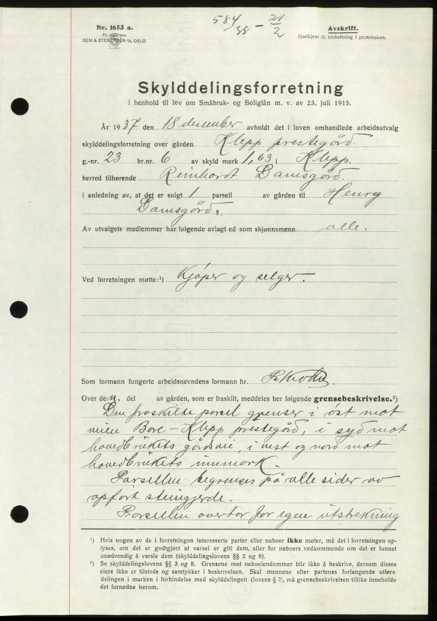 Jæren sorenskriveri, AV/SAST-A-100310/03/G/Gba/L0070: Mortgage book, 1938-1938, Diary no: : 584/1938