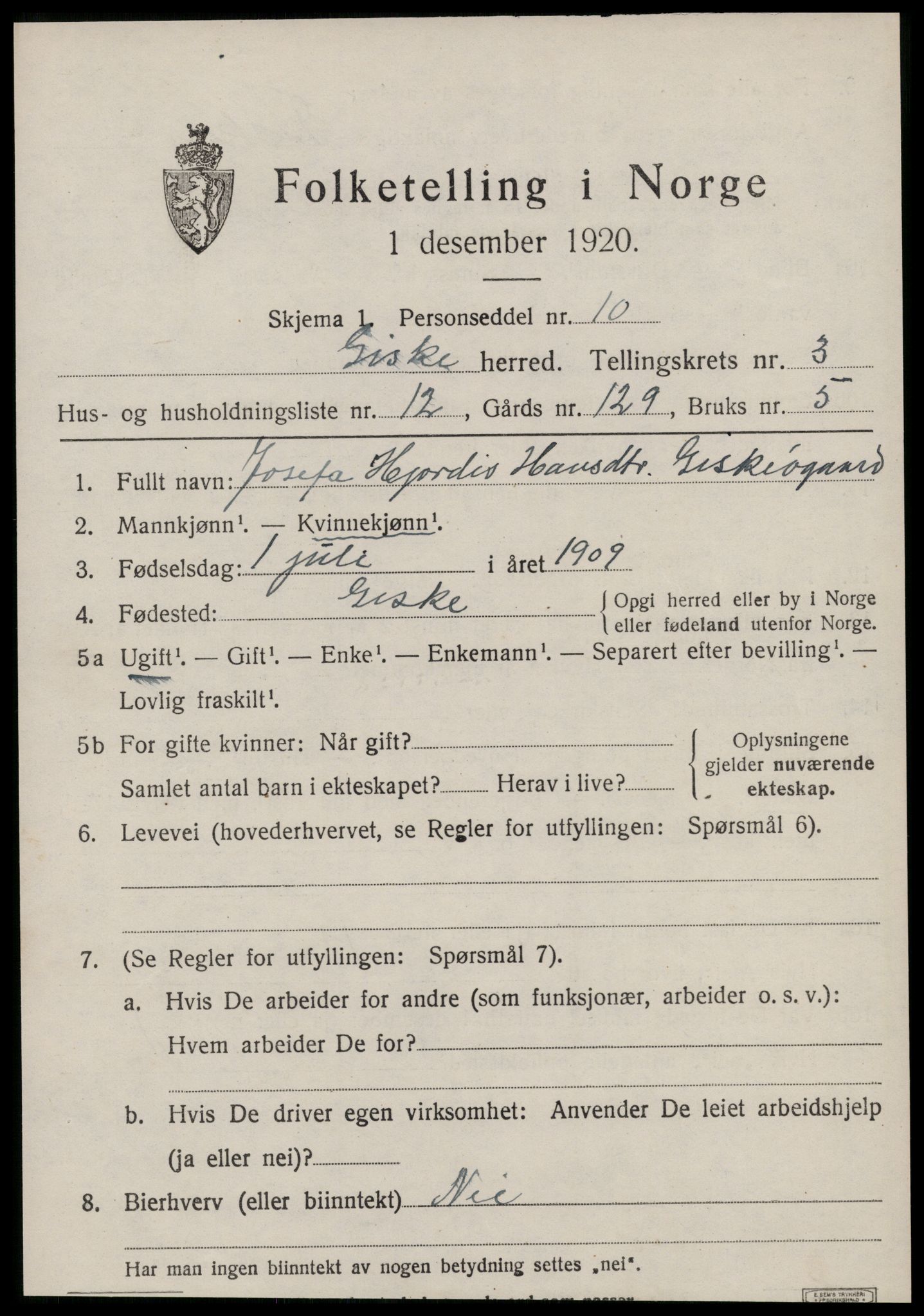 SAT, 1920 census for Giske, 1920, p. 1904