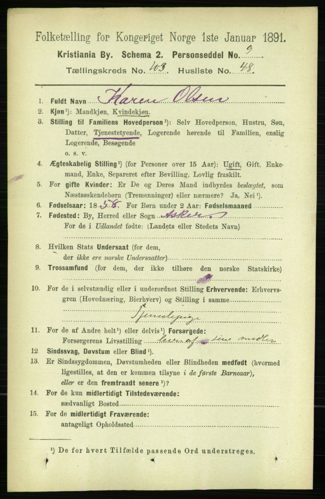 RA, 1891 census for 0301 Kristiania, 1891, p. 52174