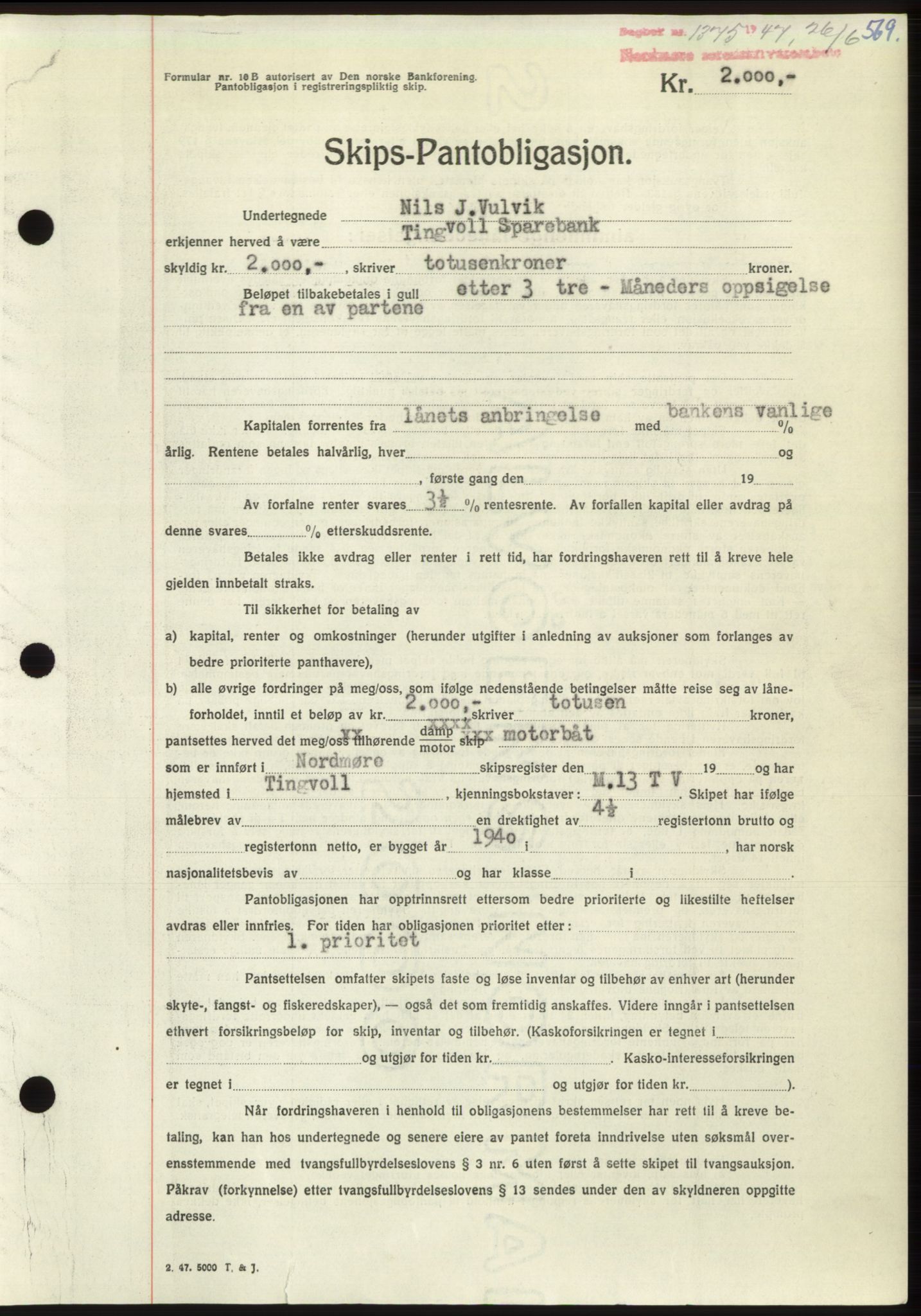 Nordmøre sorenskriveri, AV/SAT-A-4132/1/2/2Ca: Mortgage book no. B96, 1947-1947, Diary no: : 1375/1947