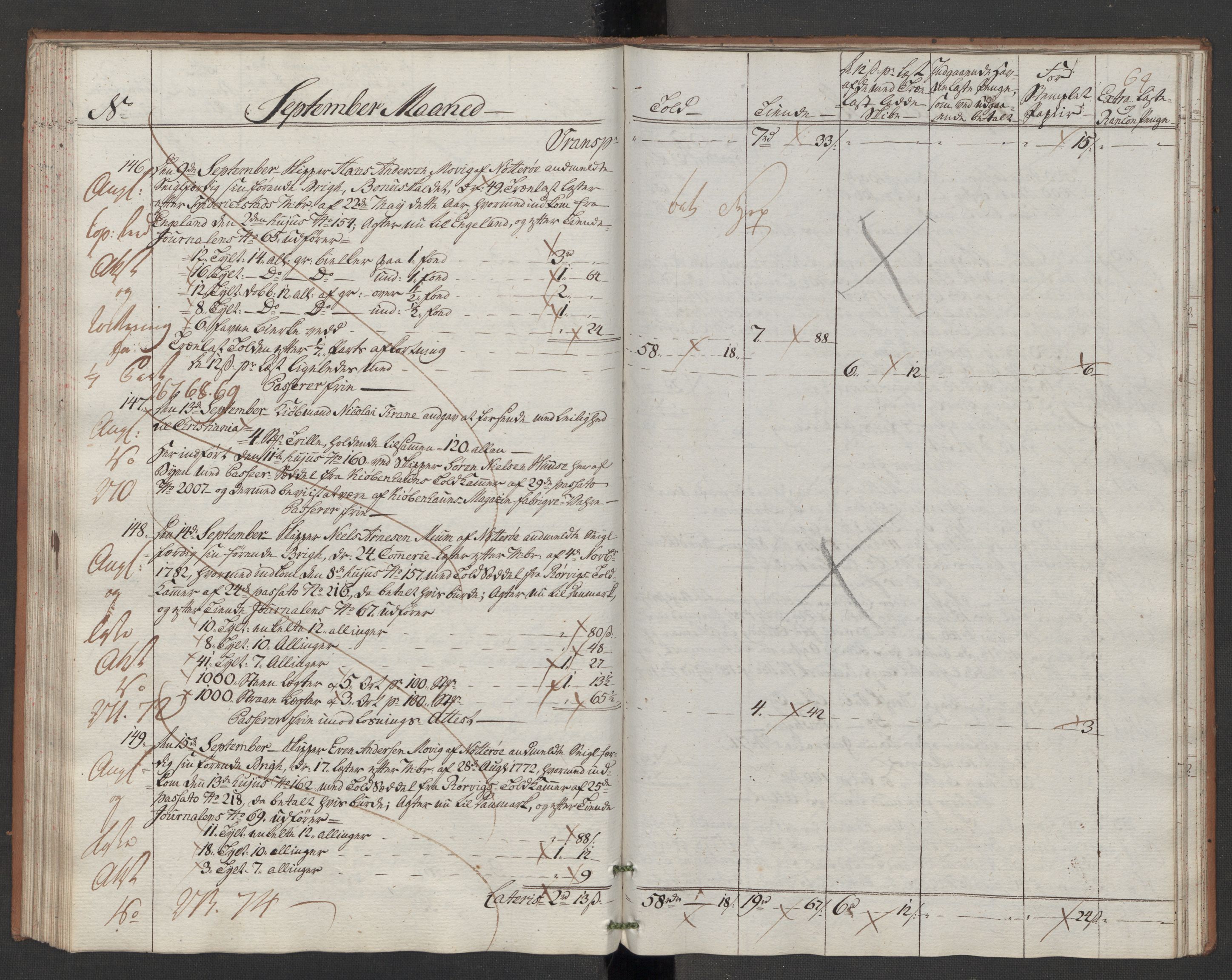 Generaltollkammeret, tollregnskaper, AV/RA-EA-5490/R10/L0048/0002: Tollregnskaper Tønsberg / Utgående hovedtollbok, 1786, p. 63b-64a