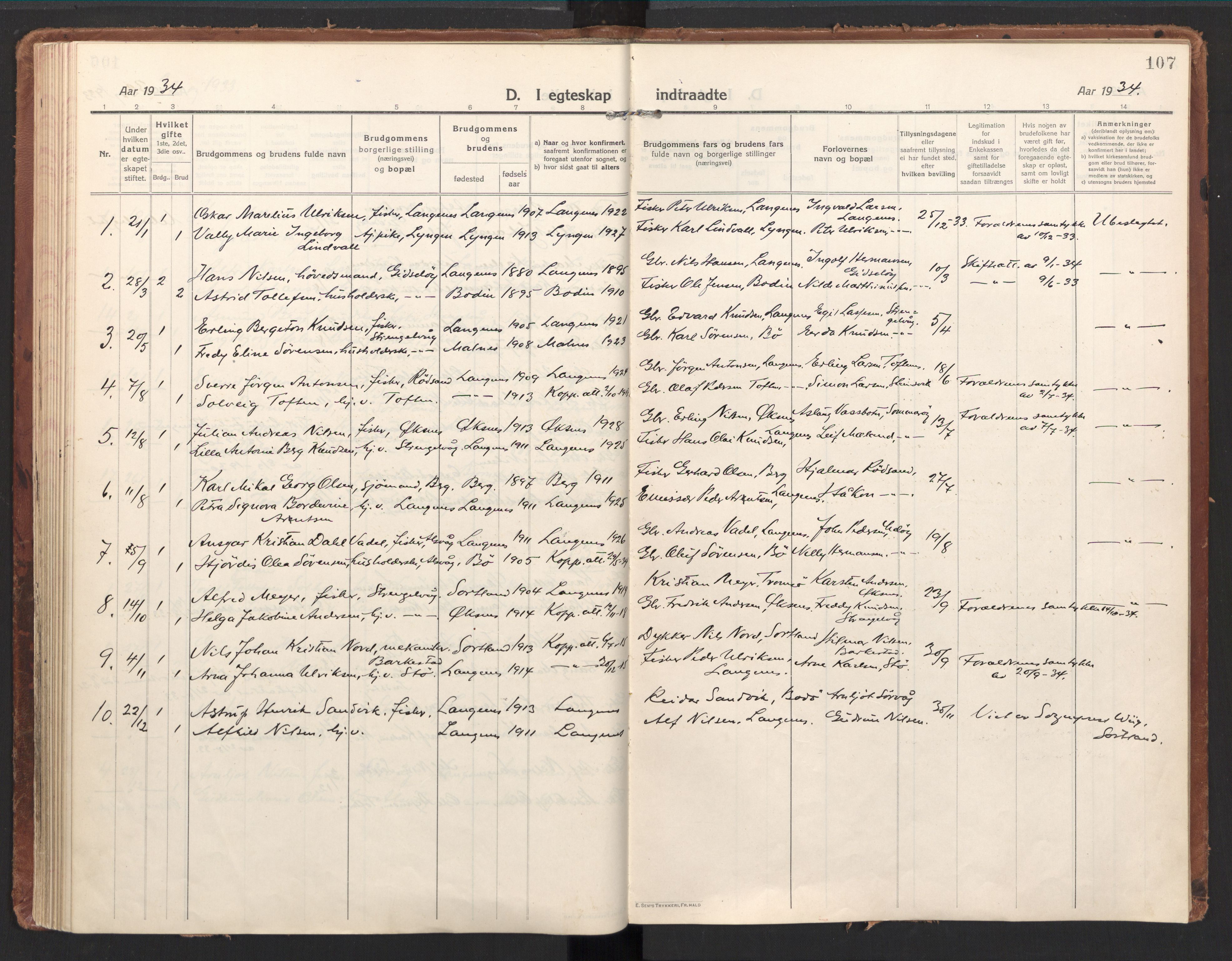 Ministerialprotokoller, klokkerbøker og fødselsregistre - Nordland, SAT/A-1459/894/L1357: Parish register (official) no. 894A03, 1913-1934, p. 107