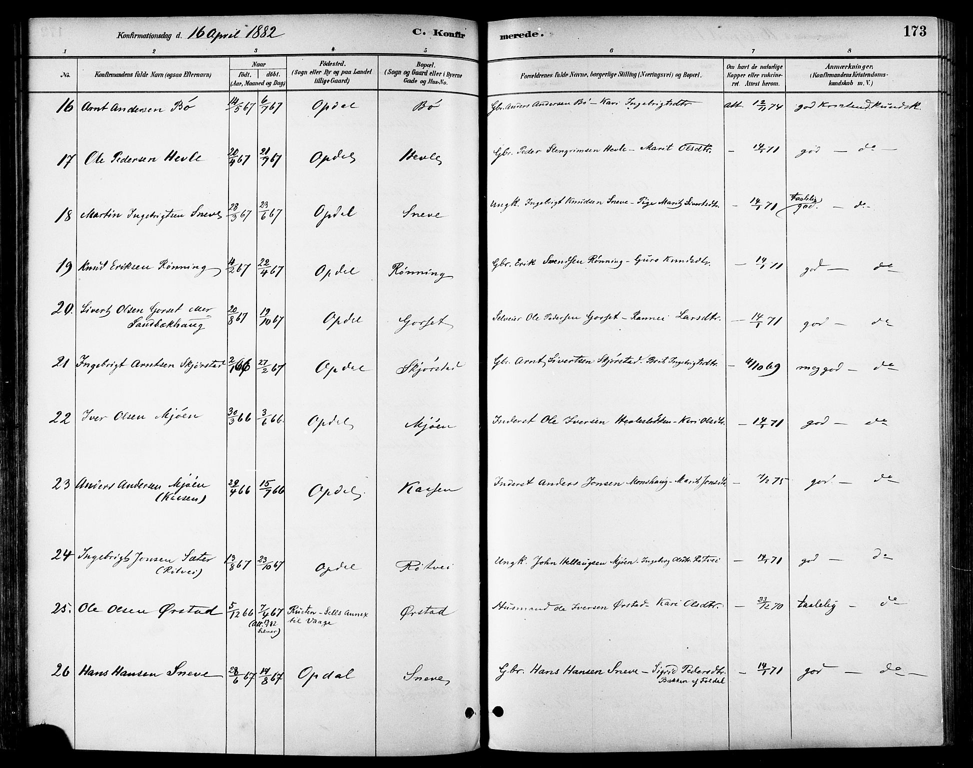 Ministerialprotokoller, klokkerbøker og fødselsregistre - Sør-Trøndelag, AV/SAT-A-1456/678/L0901: Parish register (official) no. 678A10, 1881-1894, p. 173