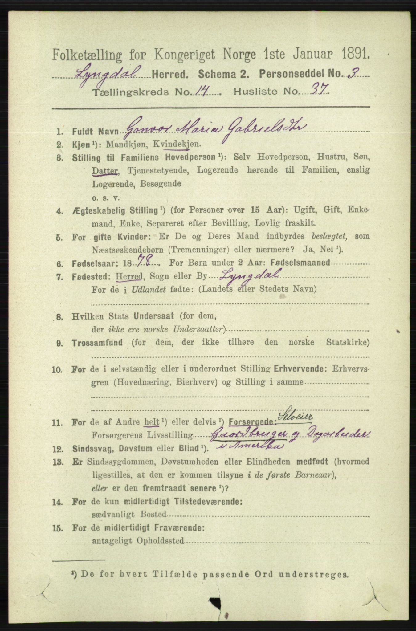 RA, 1891 census for 1032 Lyngdal, 1891, p. 6014