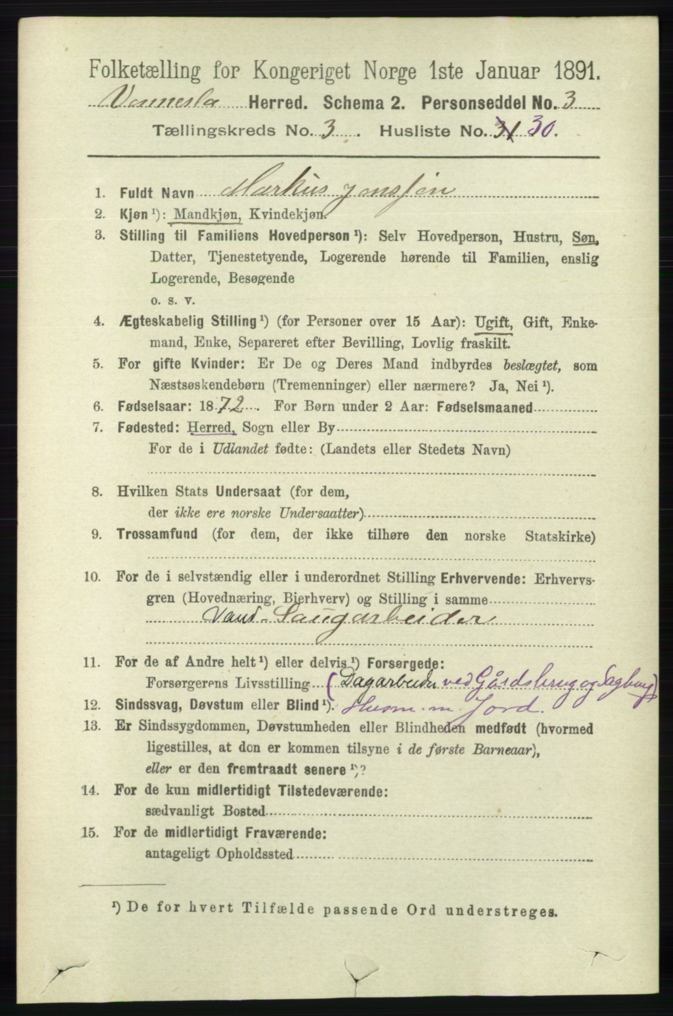 RA, 1891 census for 1014 Vennesla, 1891, p. 826