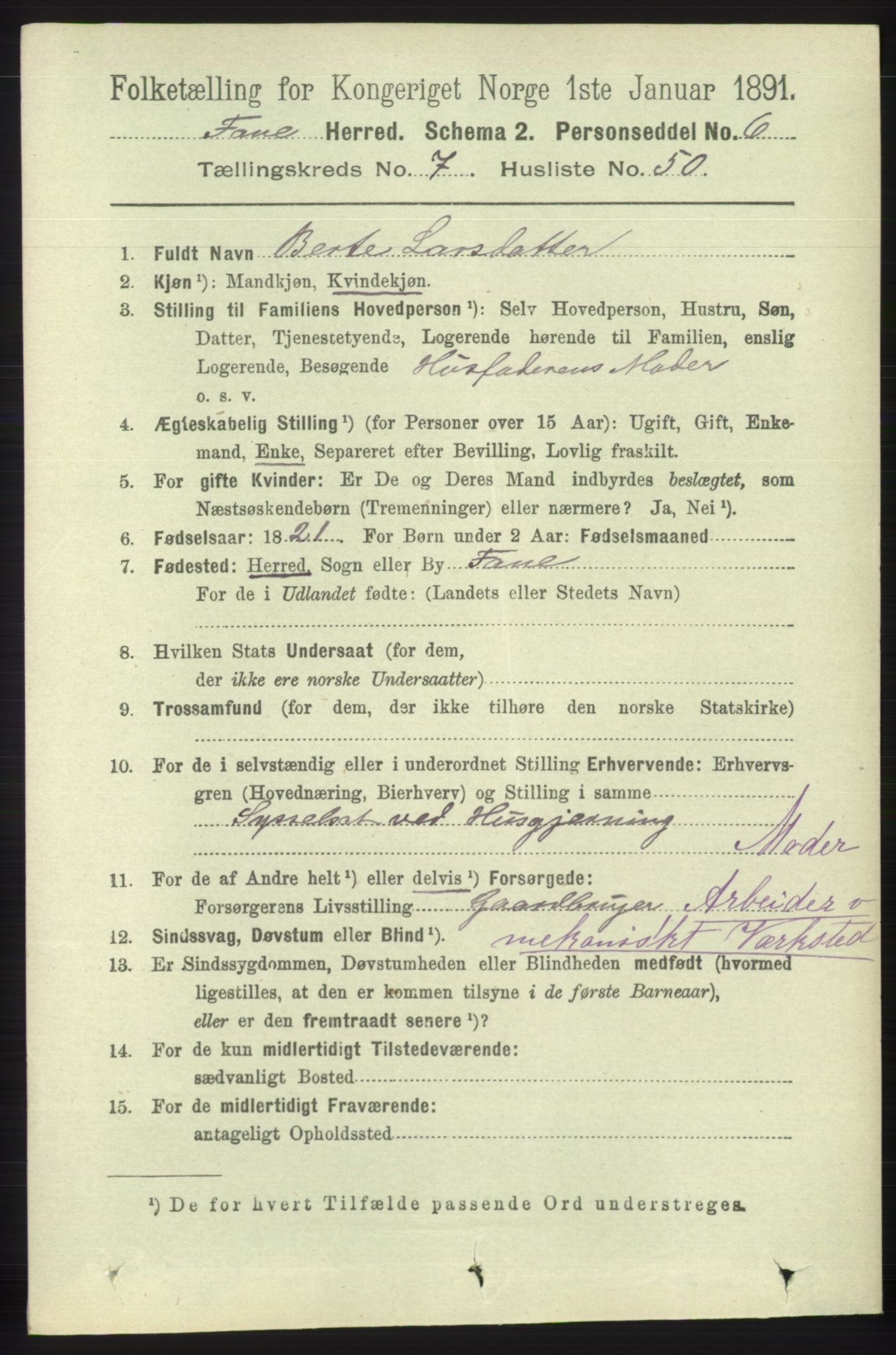 RA, 1891 census for 1249 Fana, 1891, p. 3285